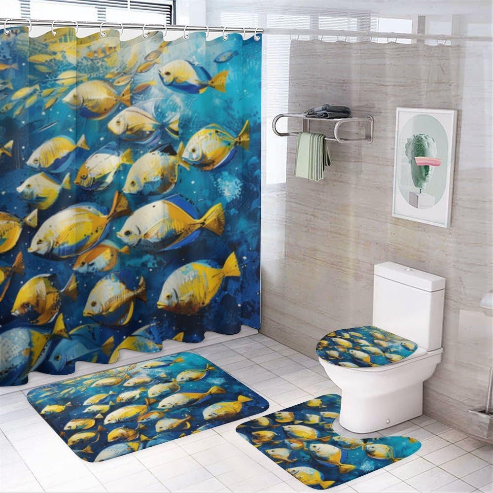 Ensemble rideau de douche poisson enfants et tapis océan 4 pièces