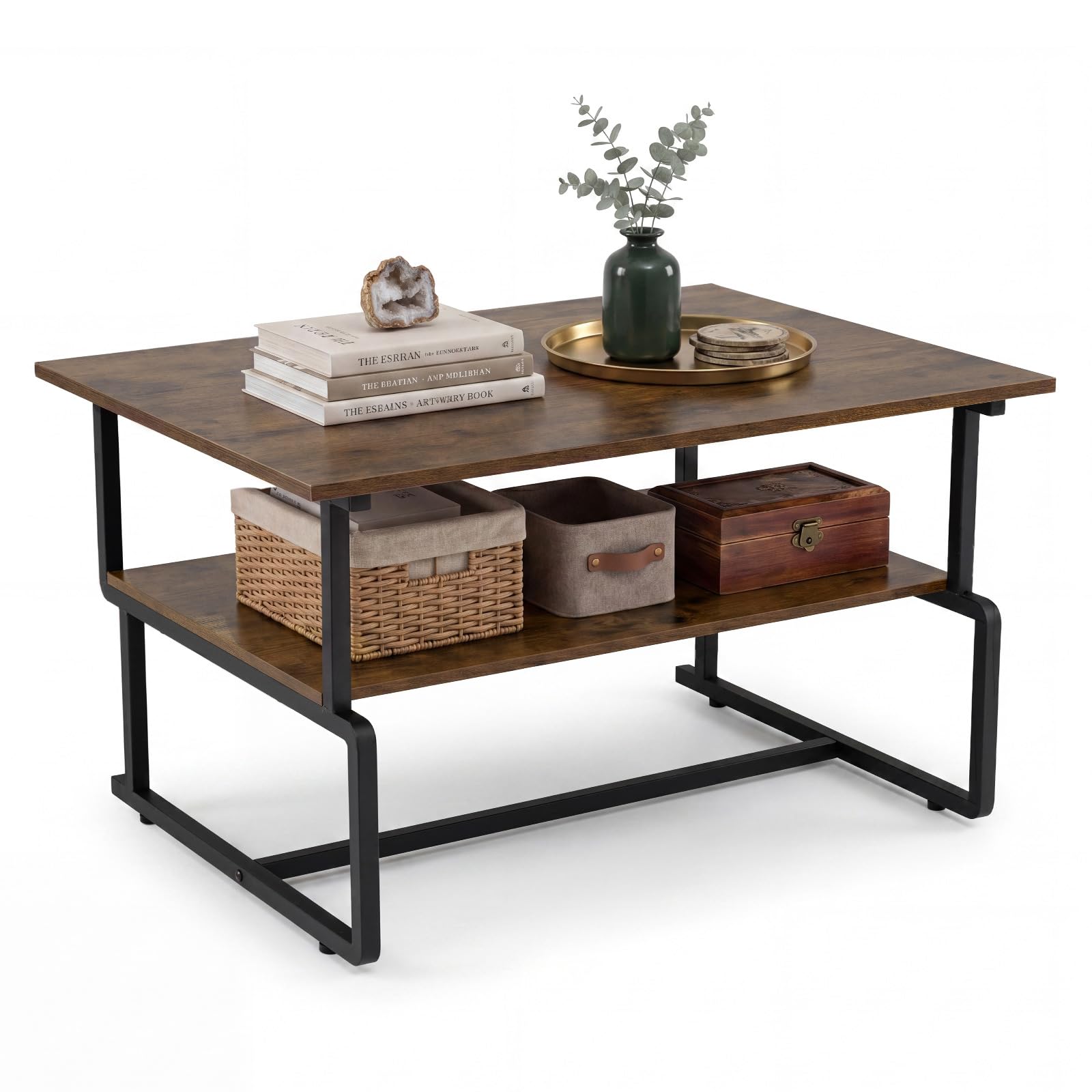 COSTWAY 2-Tier Coffee Table, Industrial Rectangle Cocktail Center Table with Storage Shelf, Metal Frame Wooden Accent Sofa Side Low Tea Tables for Living Room Office, 85x60x47cm, Rustic Brown+Black