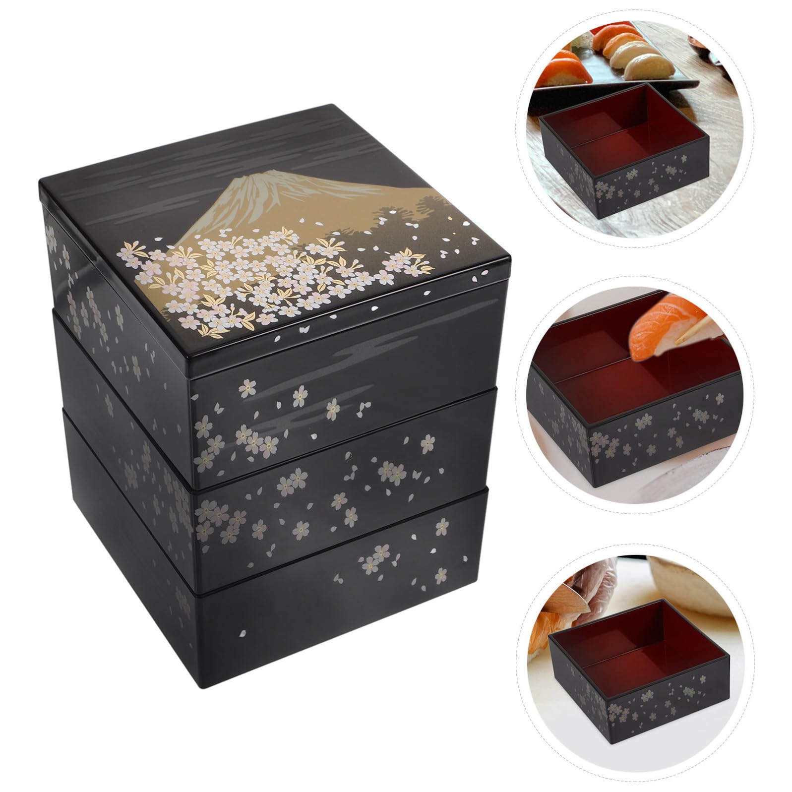 Kichvoe Scatola Bento Giapponese 3 Strati Motivo Monte Fuji per Sushi Riutilizzabile in Plastica e Decorazione Elegante per Riunioni di Famiglia