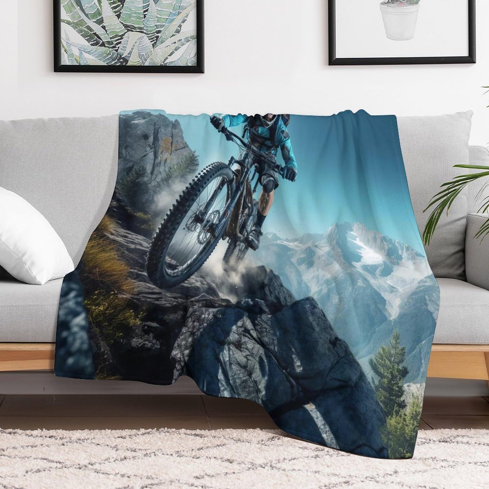 Couverture Moelleuse avec Motif De Vélo de Montagne - - Couverture Polaire Douce Flannel - Couverture De Canapé Chaude - Convient À Toutes Les Saisons （150×200cm）