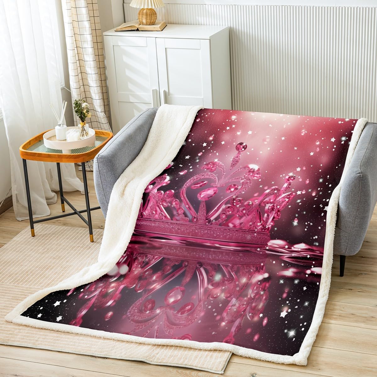 Feelyou Pink Crown Fleece Throw Blanket Princess Crown Sherpa Blanket for Lady Girls Youth Glitter Crown Plush Blanket Pink Diamonds Fuzzy Blanket for Sofa Bed Couch,Queen 90x90 Inches