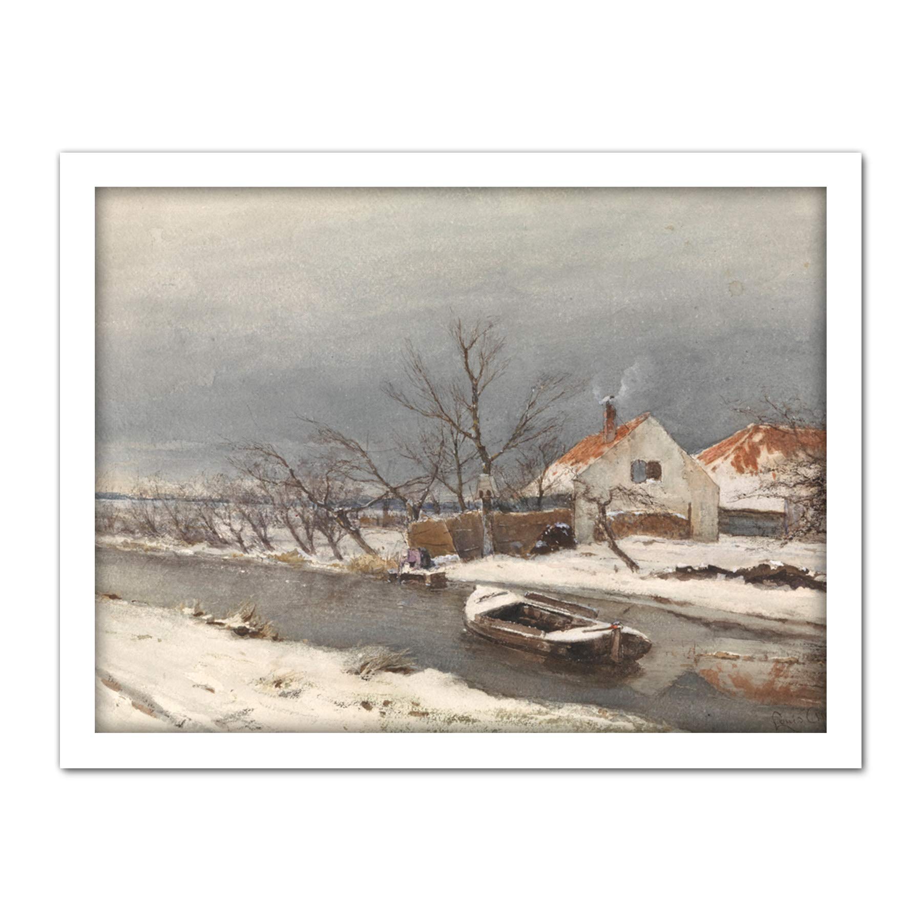 Artery8 Louis Apol Winter Landscape Houses Canal Painting Artwork Framed Wall Art Print 18X24 Inch