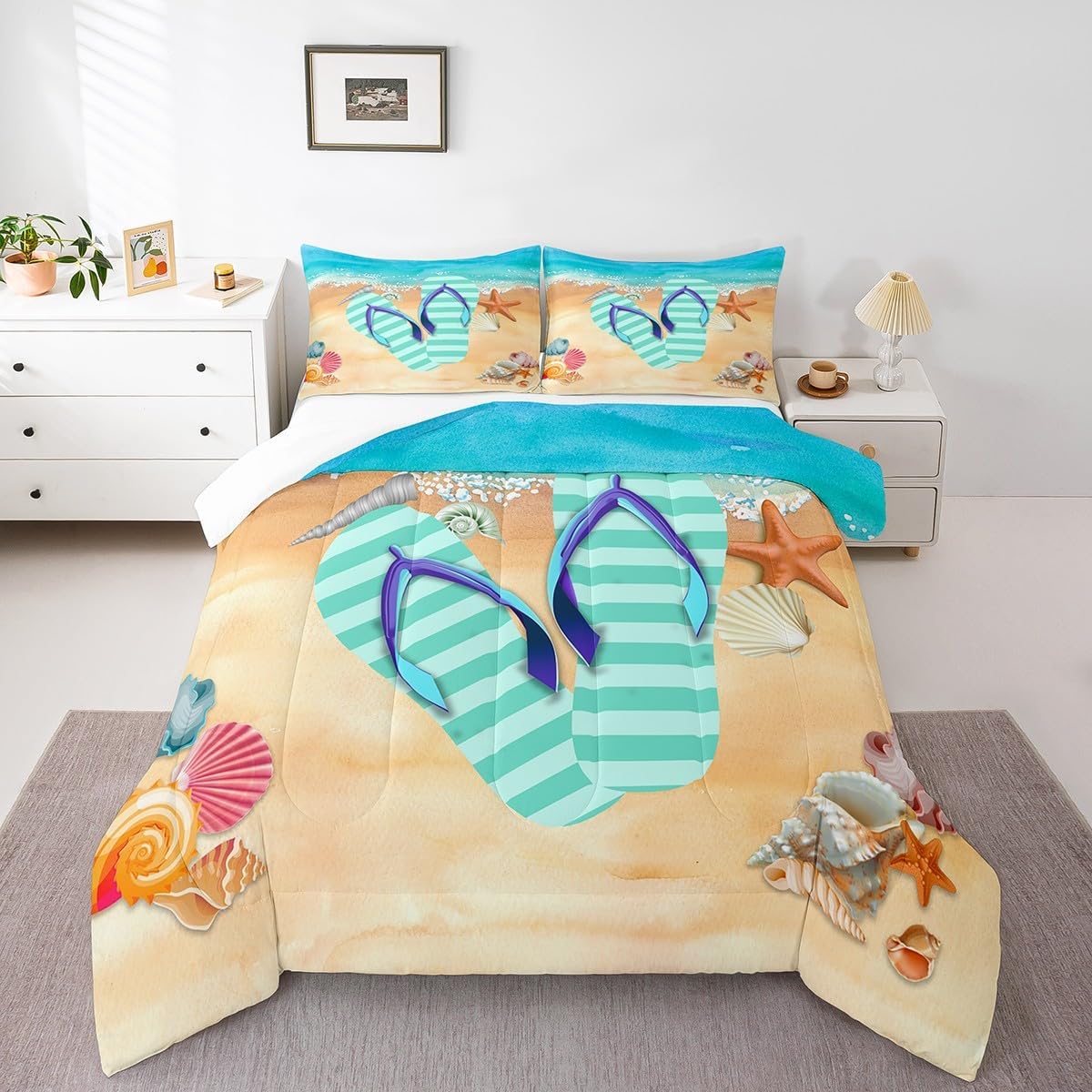 Homewish Stripes Flip Flop King Size Comforter Set,Kids Starfish Shell Decor All Season Bedding Set,Teens Summer Cool Comforter,Girls Ocean Beach Decor Quilt Set Bedroom Collection 3Pcs