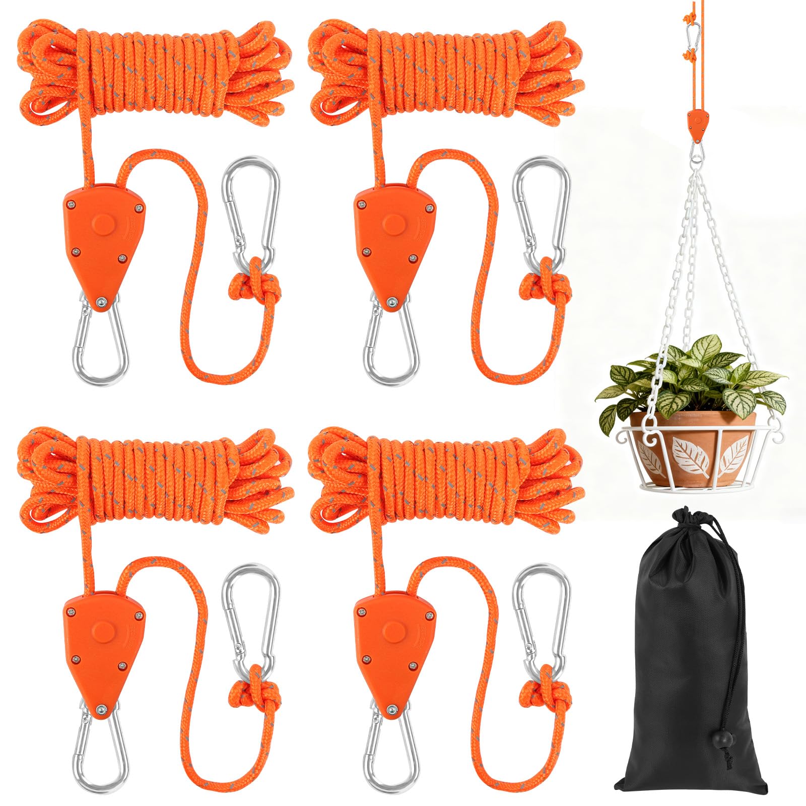 NUTKIT 4 Pack Tent Guy Ropes, 4 mm Ratchet Guy Ropes With Rope Tensioner, 4 M Portable Adjustable Fix Camping Rope Tent Guide Guyline Ropes For Camping, Hiking, Awning, Grow Lights(With Storage Bag)