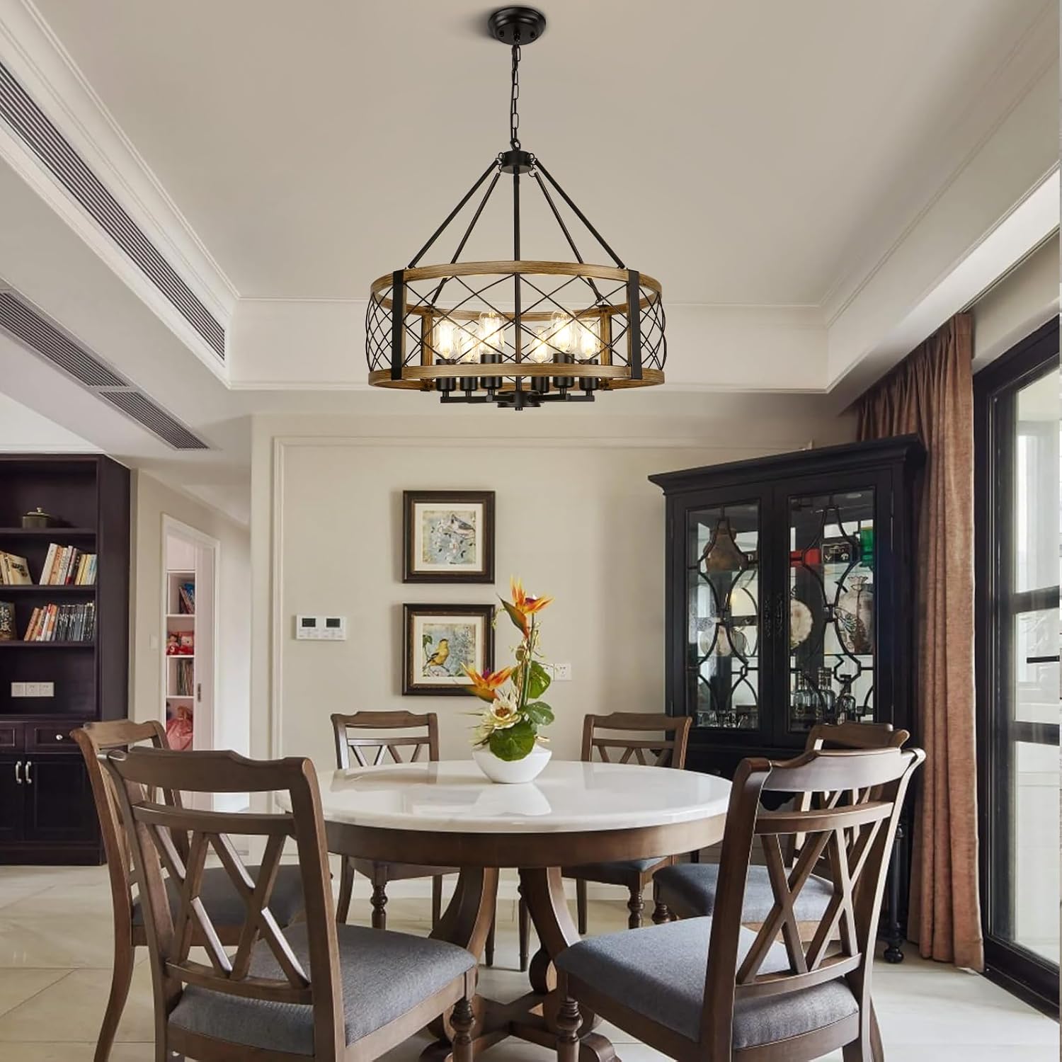 Size 22.5 Color Brown Modern Chandelier for Dining Room, 6-Light Wood Grain Finish Farmhouse Chandelier, 22.5” Rustic Drum Hanging Light Kitchen Island, Round Metal Hanging Light Fixture for Foyer, Entryway, Bedroom