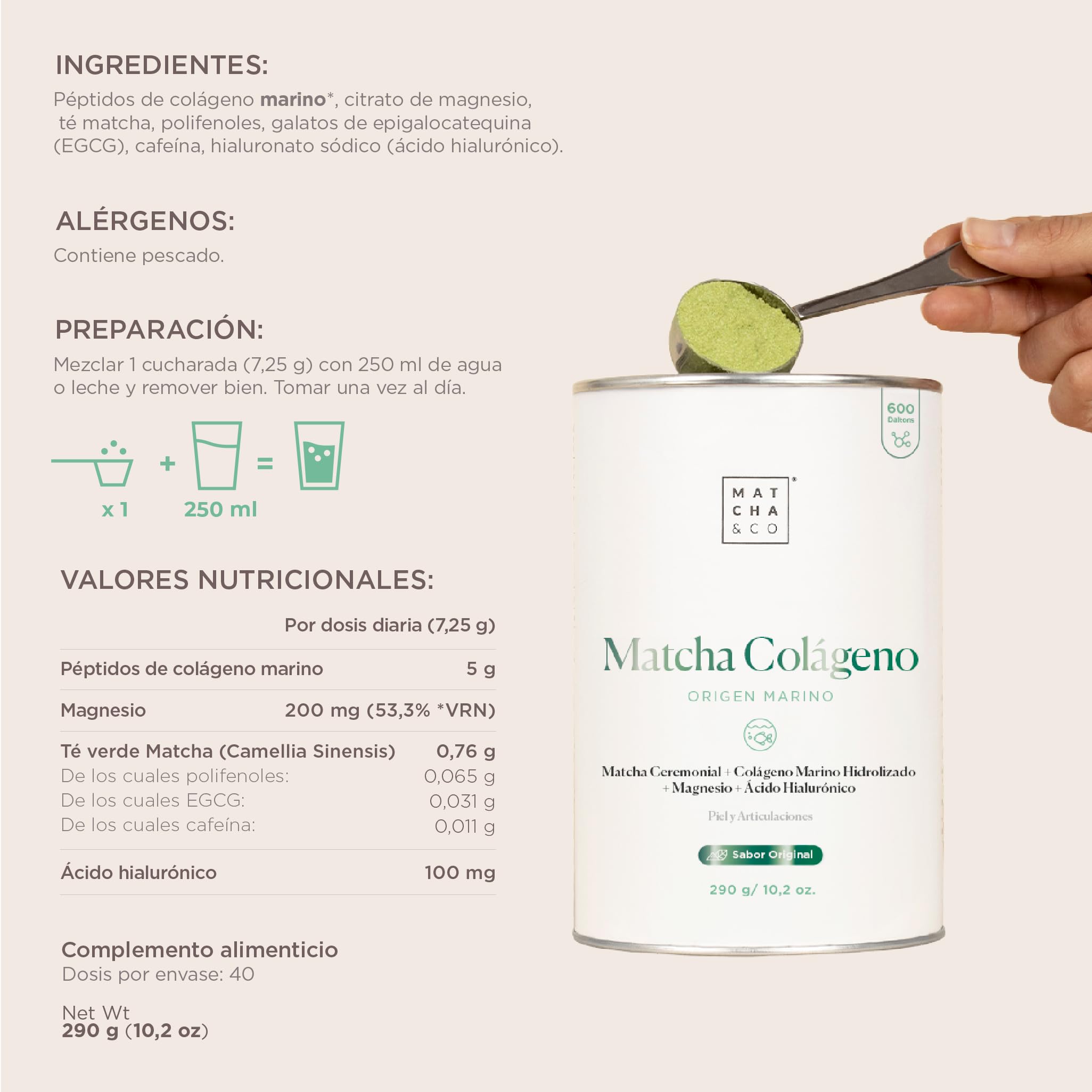 Matcha Collagen Colágeno Marino con Magnesio, Té Matcha y Ácido Hialurónico 290 g