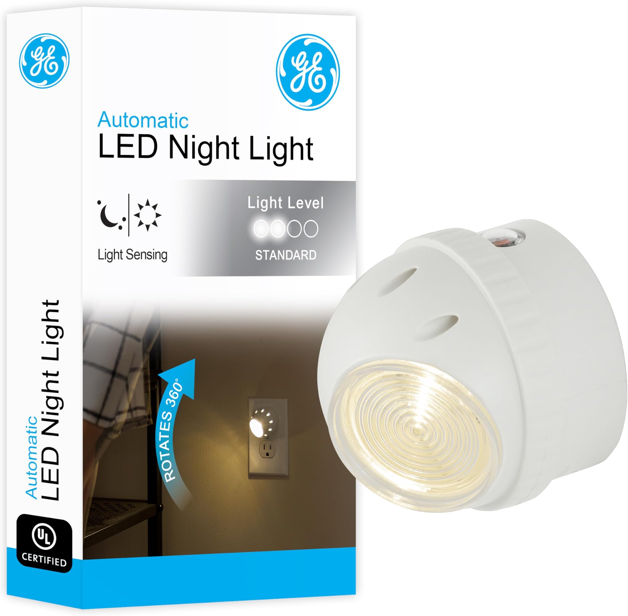 Rotating Plug in Night Light, Home Decor, Apartment Essentials, LED Lights for Bedroom, Ambient Lighting, Dusk to Dawn Sensor, Nightlight, Bathroom, Dorm Room, 1 Pack 50310
