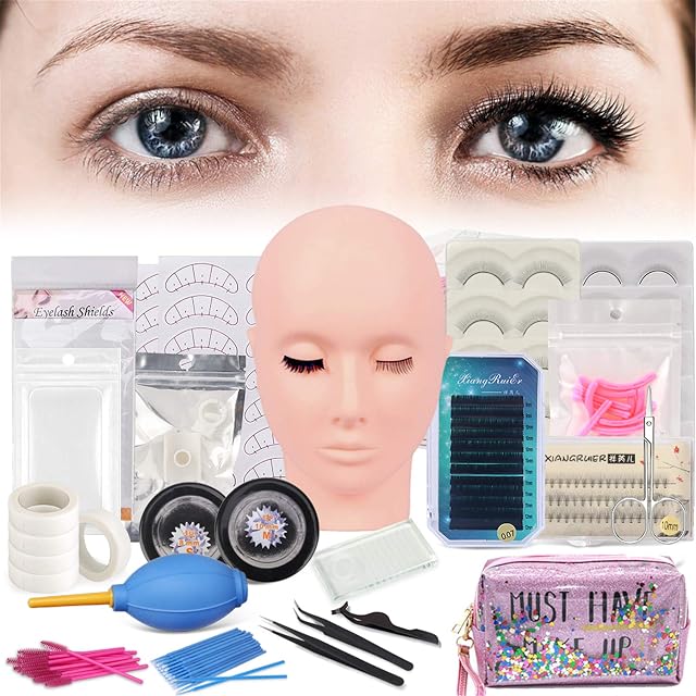 TwoWin Eyelash Extension Kit, False Eye Lashes Extension Training Tool Kit with Professional Mannequin Head Training for Beginners, Massage, Cosmetology Esthetician Supplies