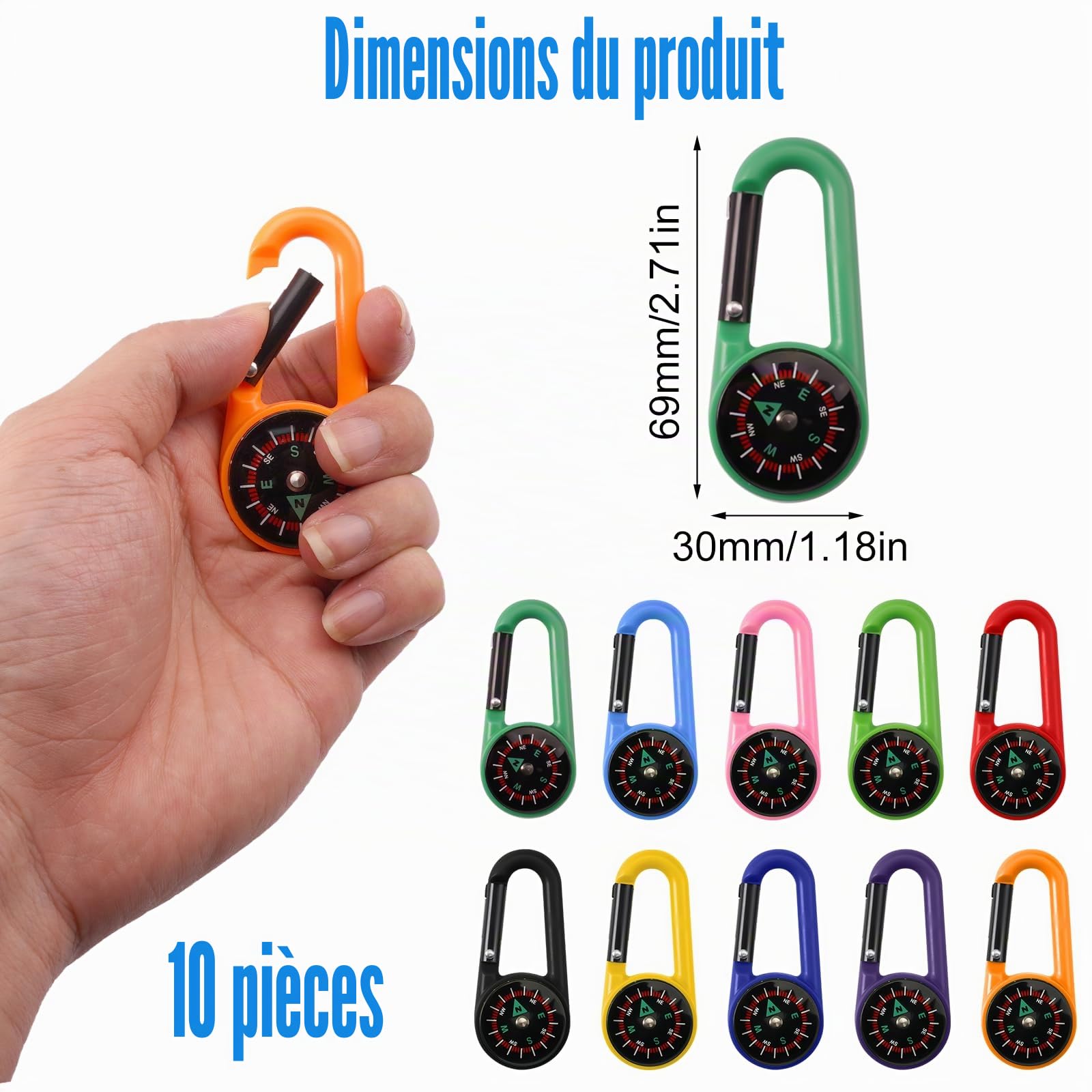 10 Pièces Boussole de Camping Colorée,Boussole Randonnée,Boussole Enfant,Multicolore Boussoles Randonnée,Mousqueton Multifonction avec boussole,Mini boussole pour l'extérieur, Le Camping, Les Urgences