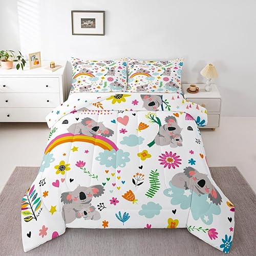 Erosebridal Juego de ropa de cama de koala para niños, lindo edredón de animales de safari para niños y niñas, juego de edredón de flores y