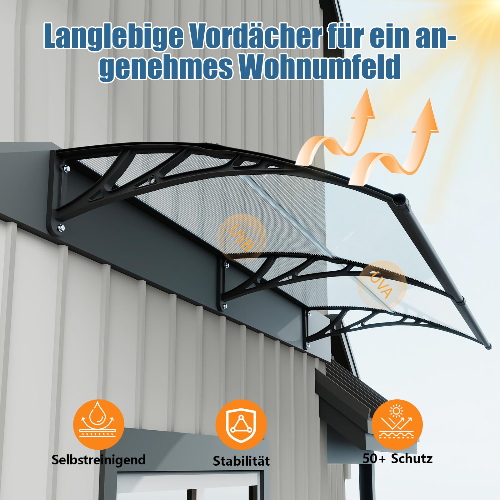 Vordach für Haustür 100x300cm, UV Überdachung Haustür aus Polycarbonat – Schützt vor Regen Schnee für Terrasse, Veranda Fenster