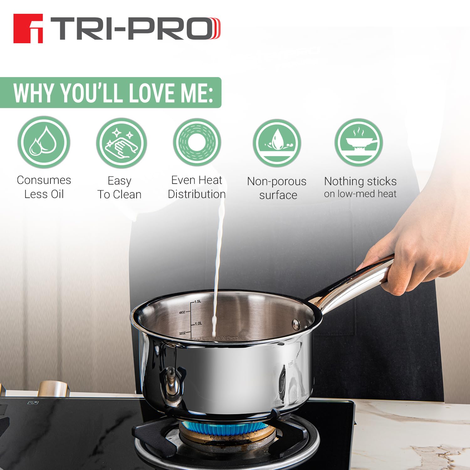 Bergner Tripro TriPly Edelstahl-Kochgeschirr-Set, 3-teilig, 24 cm (3 l), indischer Wok/Kadai mit Deckel, 16 cm (1,7 l), Teekanne, Induktionsboden und Gasherd bereit