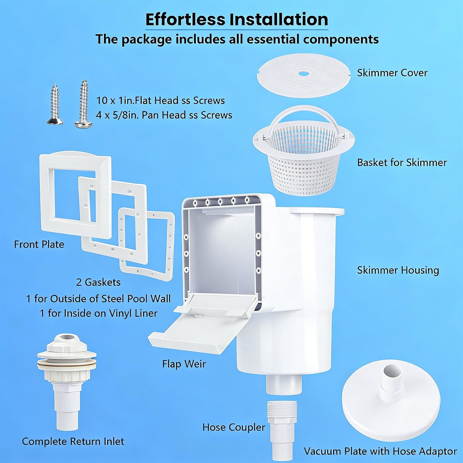 Inground Pool Skimmer Set include viti di guarnizione cestino | Connessione filettata da 1-1/2 pollici, skimmer per piscina resistente, struttura ABS, parti di installazione complete