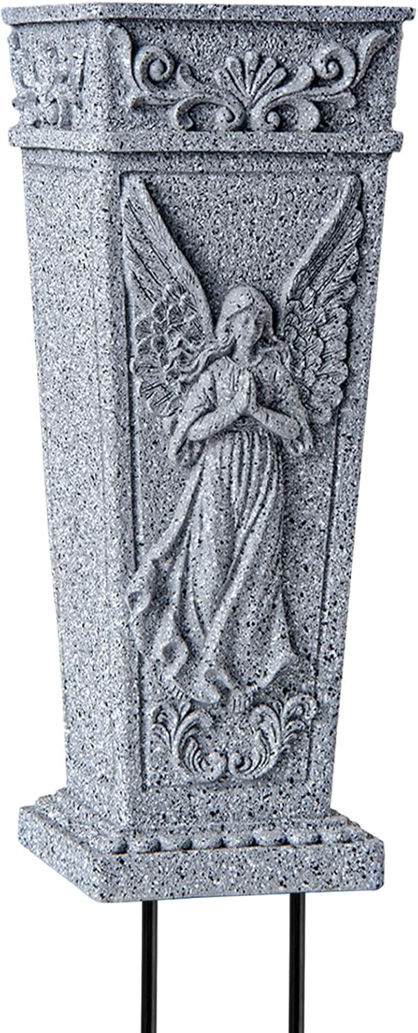Cemetery Vases, Grave Memorial Vase with Spike, Resin Angel Flowers Holder for Cemetery, Headstone, Grave, Garden, Lawn, Yard Decorations (2Pcs, Grey), Flower is not Included.