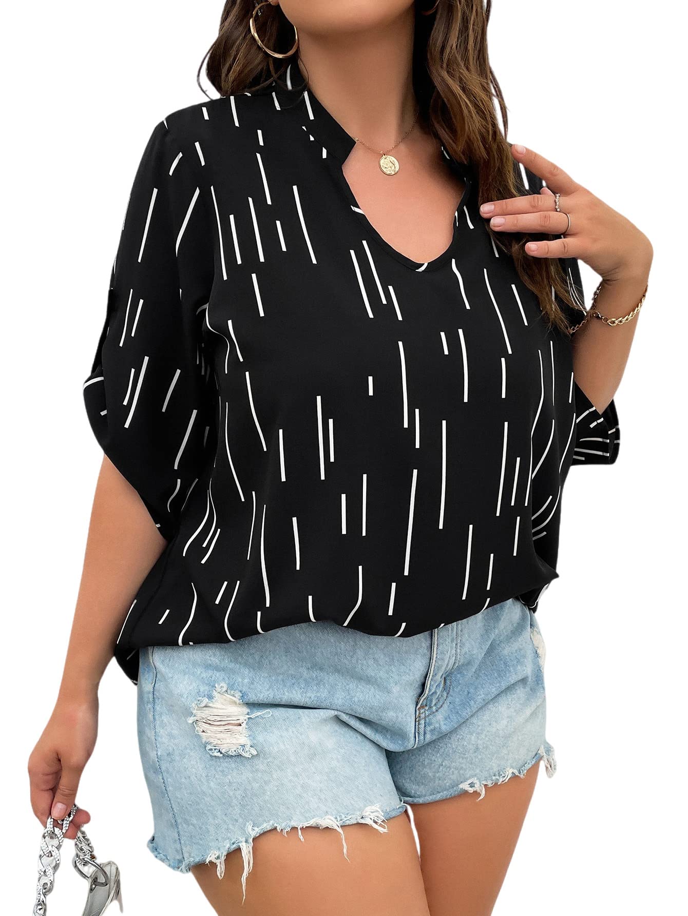 OYOANGLE Women's Plus Size Casual V Neck Striped Half Roll Tab Short Sleeve Blouse Shirt Top Black 4XL