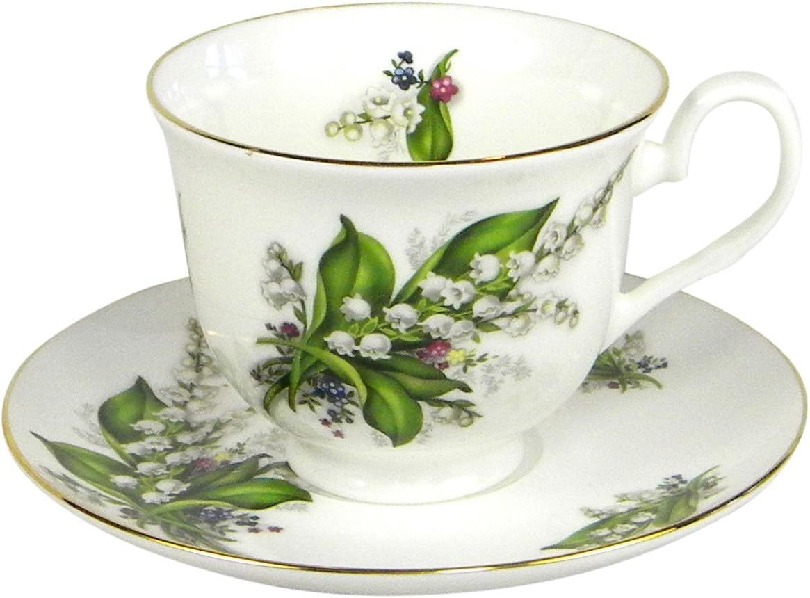 Crown Trent Lily of the Valley Gold Rimmed Teacup and Saucer Set Fine Bone China