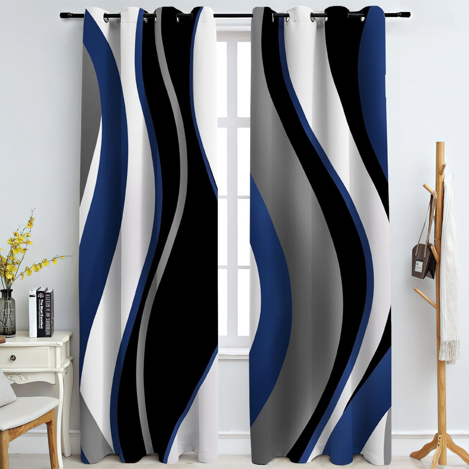 Nordic Light Luxury Window Curtains, Abstract Bule Black Gray Wavy Stripes Blackout Curtains, 2 Panels Polyester Noise Reducing Eyelet Drapes for Bedroom Living Room Apartment (54" W x 39" L)