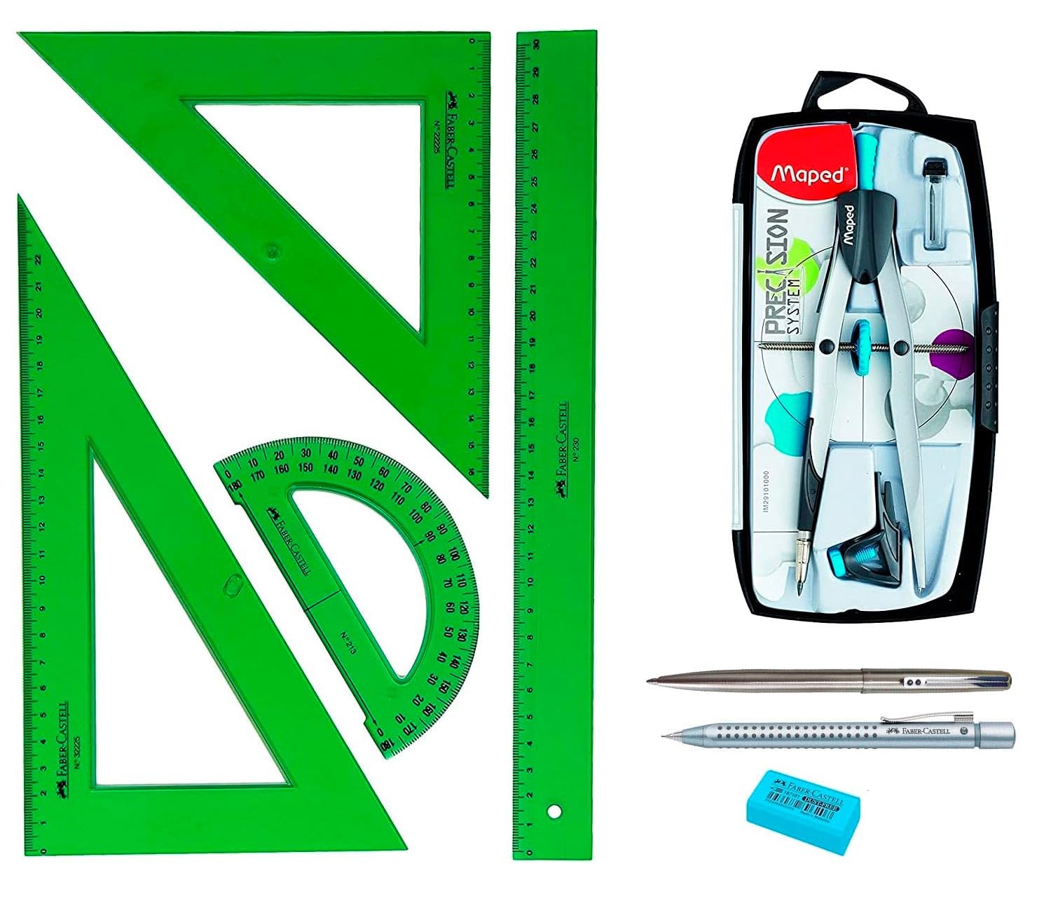Faber Castell Juego técnico Verde 65021 escuadra cartabón regla semicírculo Bigotera Compás Mape Precision System 291010