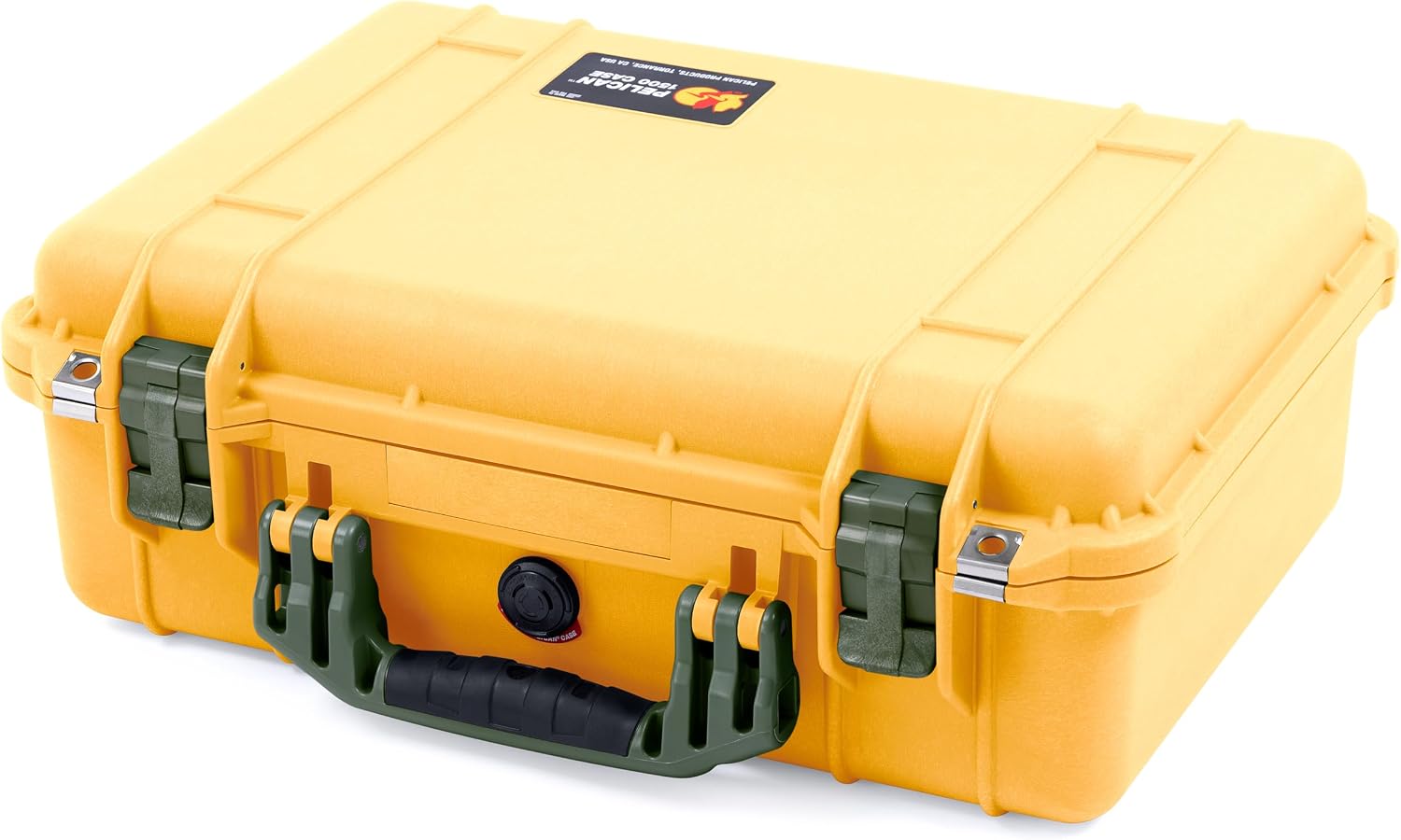 ColorCase Pelican 1500 Case Yellow - Medium Size Waterproof Case with Gray Divider & Mesh Lid Organizer - OD Green Handles & Latches