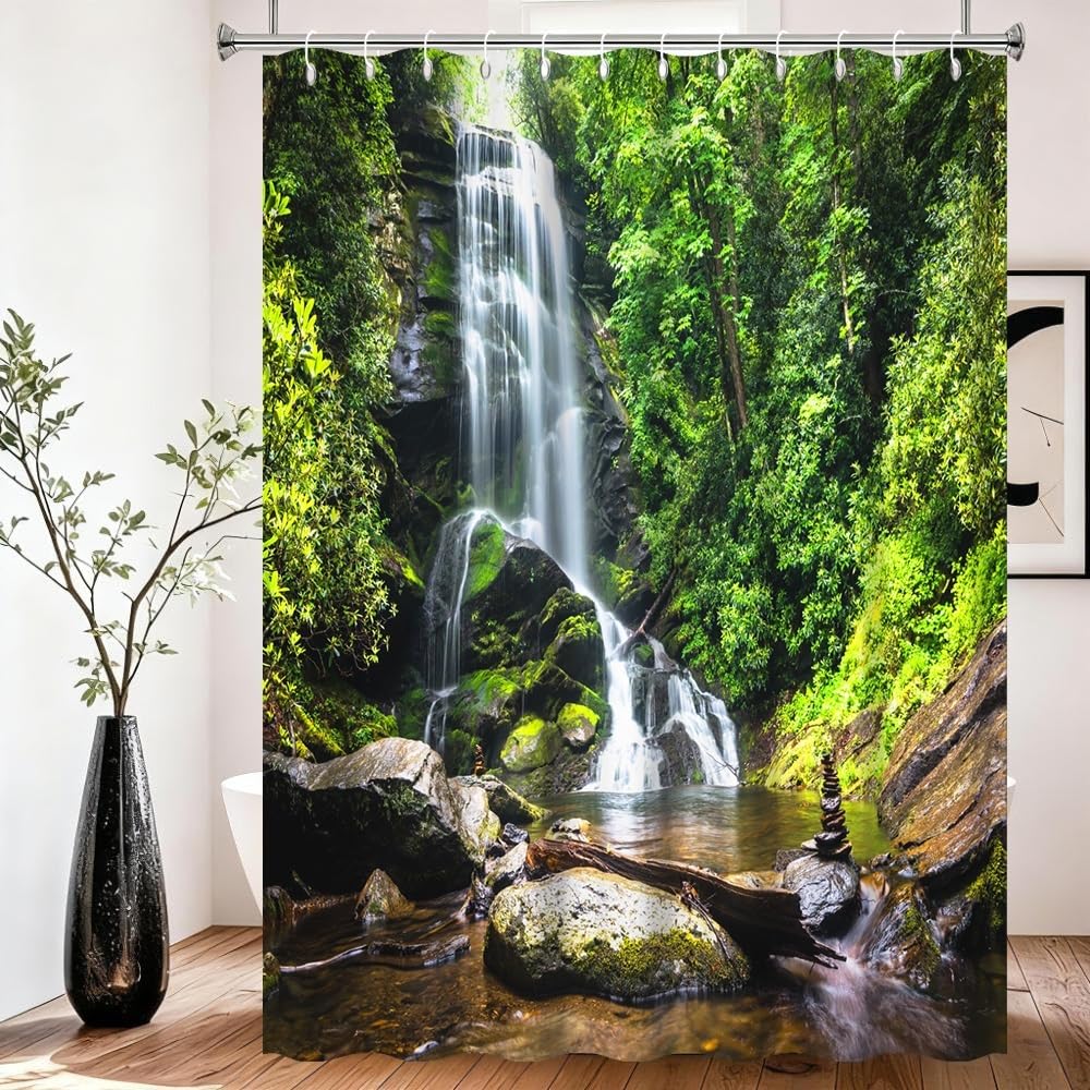 Tenda da doccia natura Primavera Cascata Tenda da bagno Giungla tropicale verde foresta paesaggio muschio pietra fiume lavabile tenda da doccia Decorazione bagno impermeabile 180x240cm