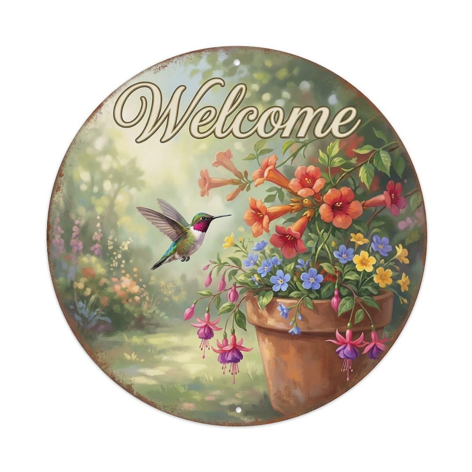 Welcome Hummingbird Nectar Flowers Vintage Metal Tin Sign Plaque Wall Decor for Cafe, Club Bar, Office, Garden Metal Poster 8x8Inch