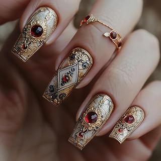 Press on Nails Medium Ballet Shaped Red Rhinestones Golden Totem Pattern Design Acrylic False Nail Full Cover Glossy Artificial Fingernails 24Pcs Reusable Glue on Nails for Women