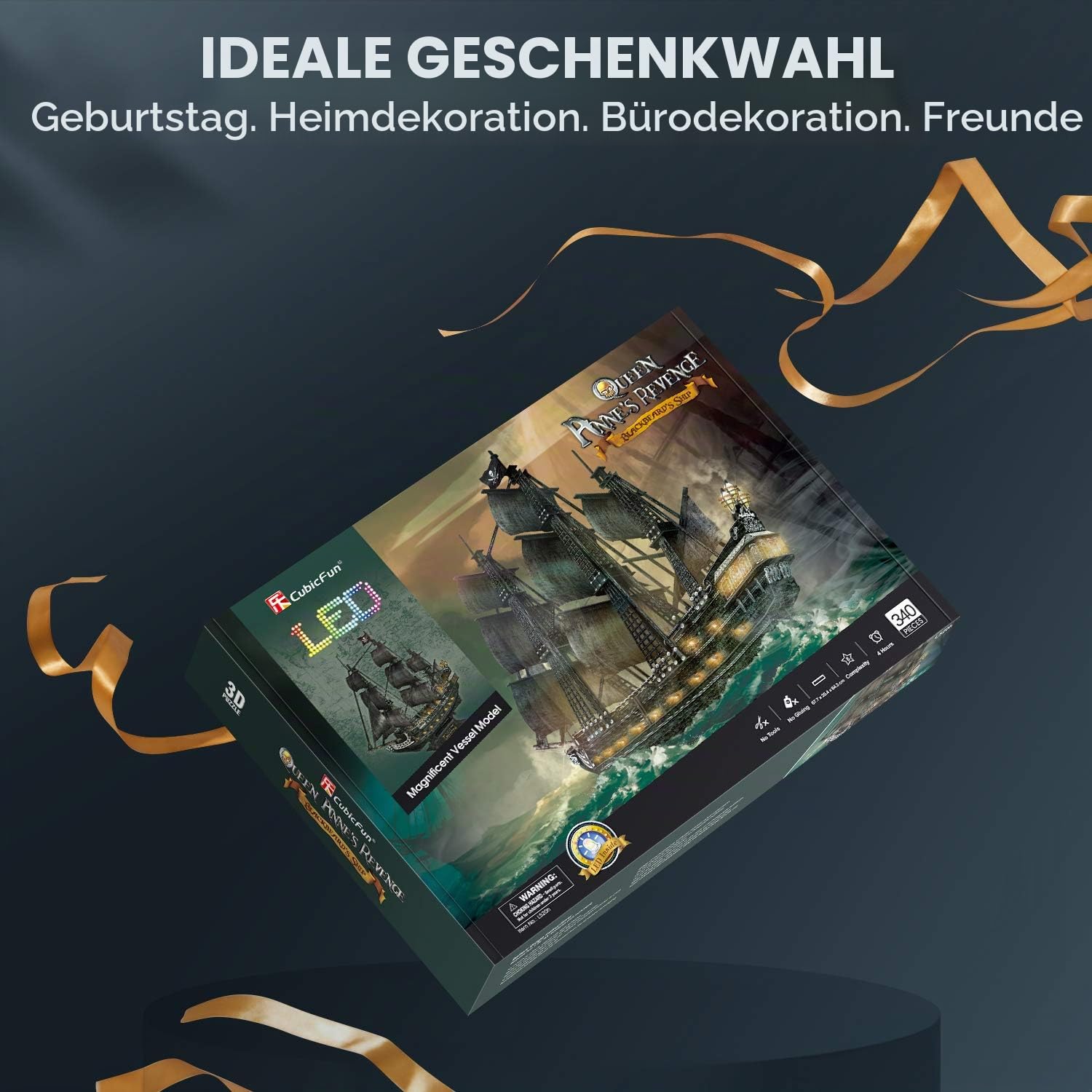 CubicFun Puzzle 3D LED 68 cm Black Pearl – Modell eines Bootes der Queen Anne's Revenge, Geburtstagsgeschenk für Erwachsene, 340 Teile
