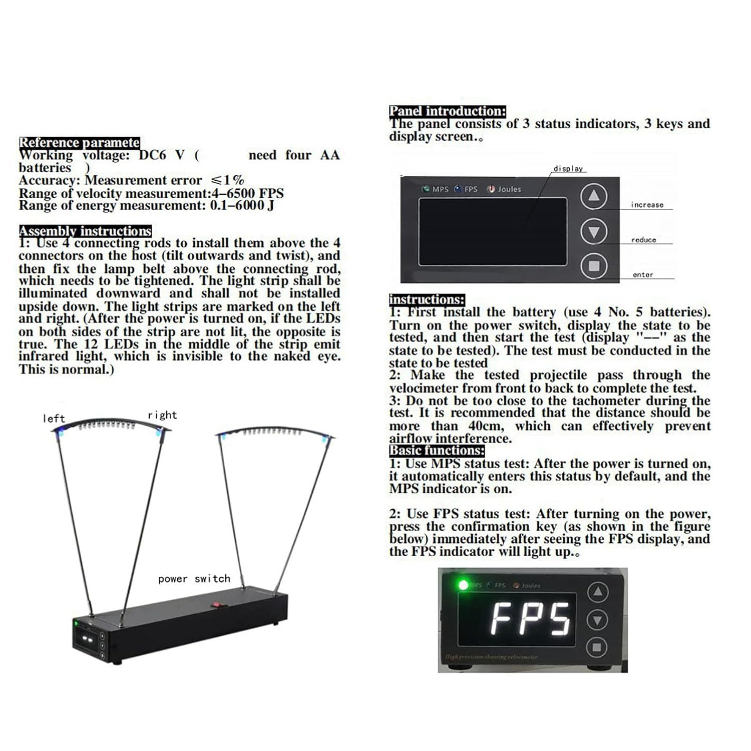 JOSBY Ballistischer Präzisions-Chronograph, Schleuder-Geschwindigkeitstester, Kugelbogen-Pfeil-Geschwindigkeitsmesser, FPS MPS-Lesung, Geschwindigkeitsmessung: 5-6500 FPS, für Tennis, Badminton,