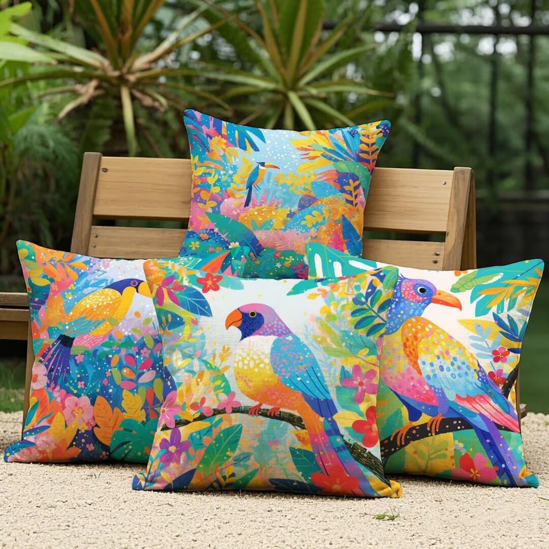 4er Set Kissenbezug 40x40 cm Vogel Sofakissen aus Leinen Deko Kissenhülle Couchkissen Wald Kissen mit Unsichtbarer Reißverschluss, Kissenbezüge für Wohnzimmer Schlafzimmer Bett Garten Terrasse Ym415