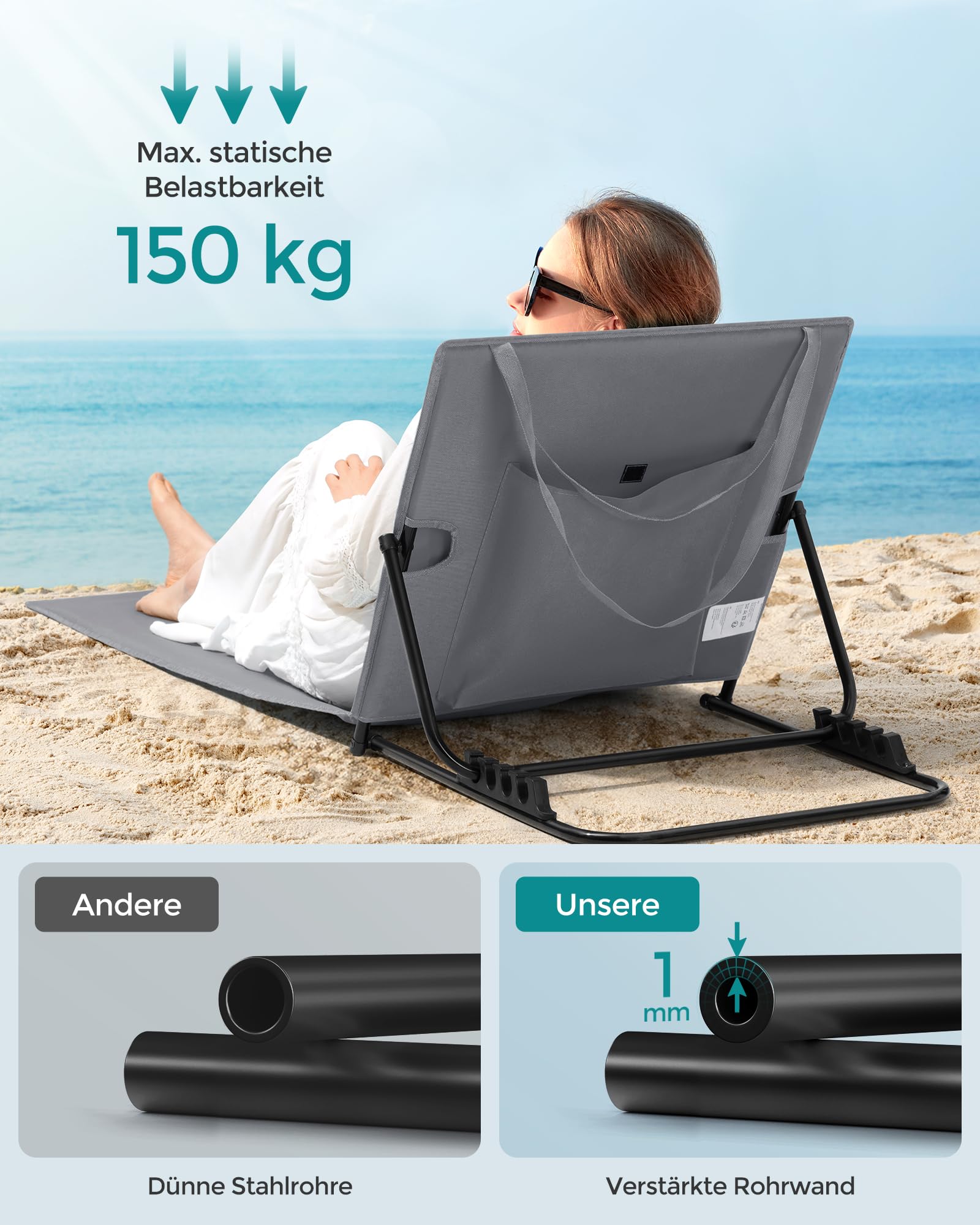 SONGMICS Strandstuhl, 2er Set, Campingstuhl, Sonnenliege, Strandliege, klappbar, verstellbare Rückenlehne, leicht tragbar mit Griff, für Camping, Garten, Pool, 158 x 55 cm, schiefergrau GCB251G01