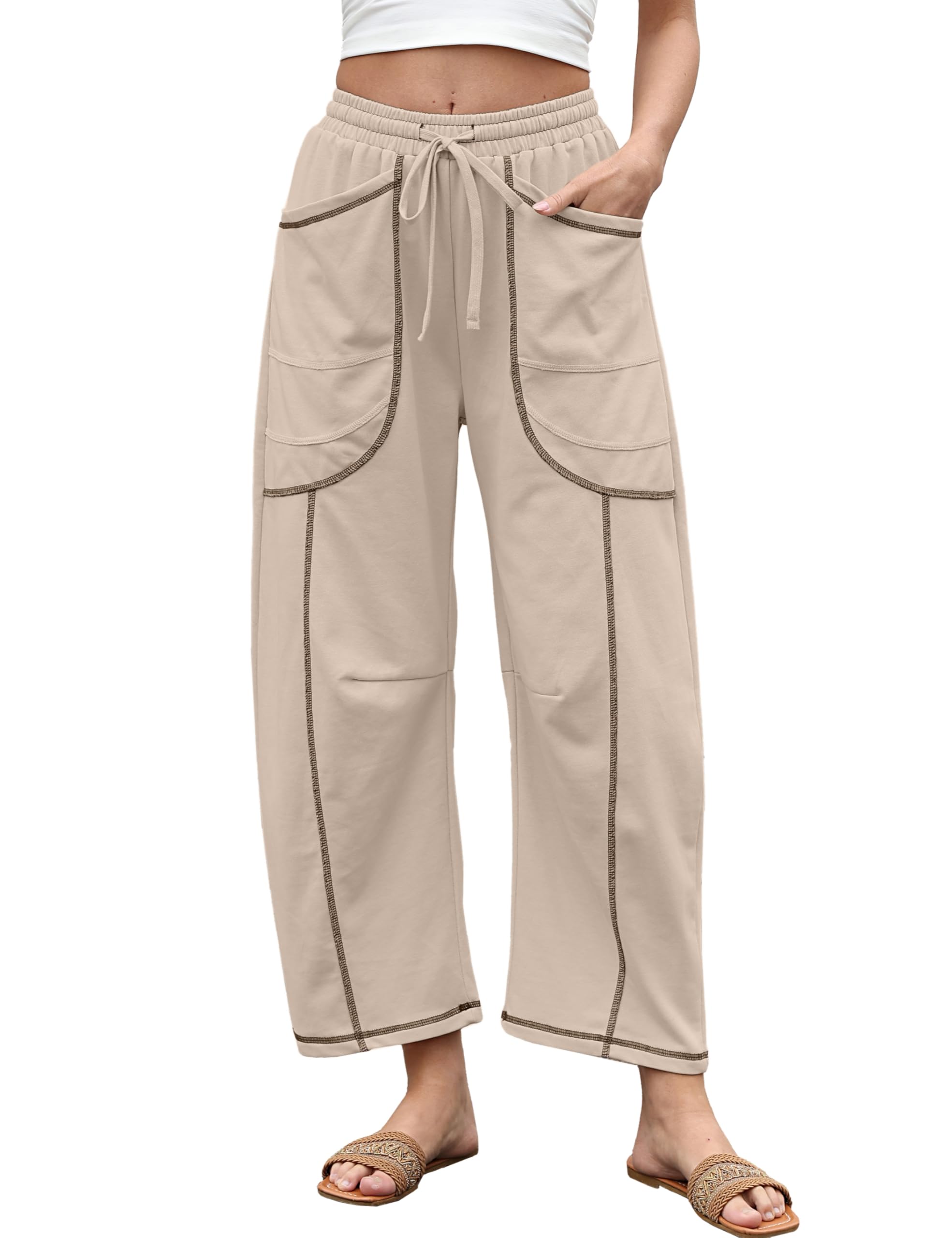 Womens Casual Barrel Pants Baggy Wide Leg Lounge Drawstring Elastic Waist Sweatpants Trousers with Pockets