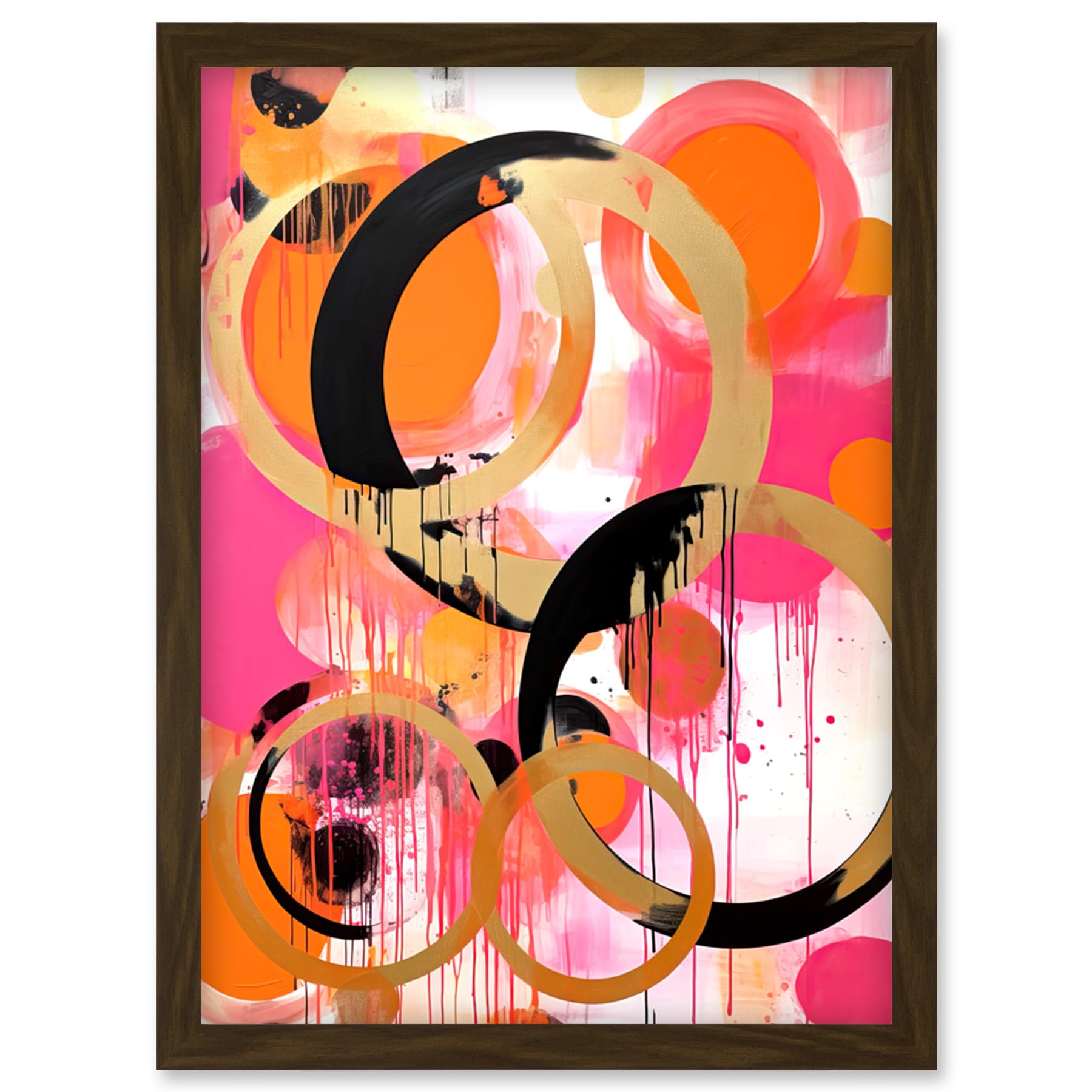 Artery8 Abstract Circles Oil Painting Bright Pink Orange Gold Black Geometric Drip Paint Artwork Framed Wall Art Print A4