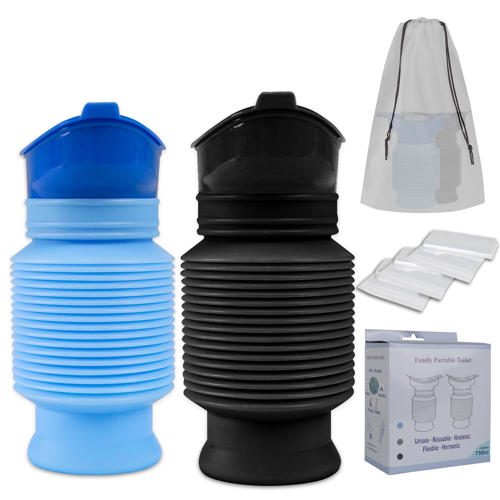 KkaFFe Pee Bottles for Men, Adjustable Emergency Urinal, Car Pee Bottle for Men and Women, Portable Toilet for Car, Shrinkable Personal Mobile Toilet,Urine Bottle (Blue and Black, One Size)