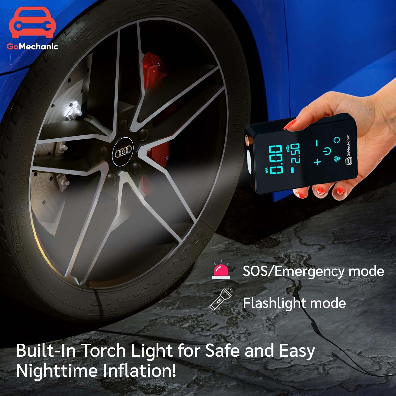 GoMechanic Wireless Tyre Inflator for Car & Bike |150 PSI |3000 mAh Battery | Air Pump with Full LCD Touch Screen, Multiple Presets| PowerBank|Flash Light |Type C, Digital Display, Multiple Nozzles 3