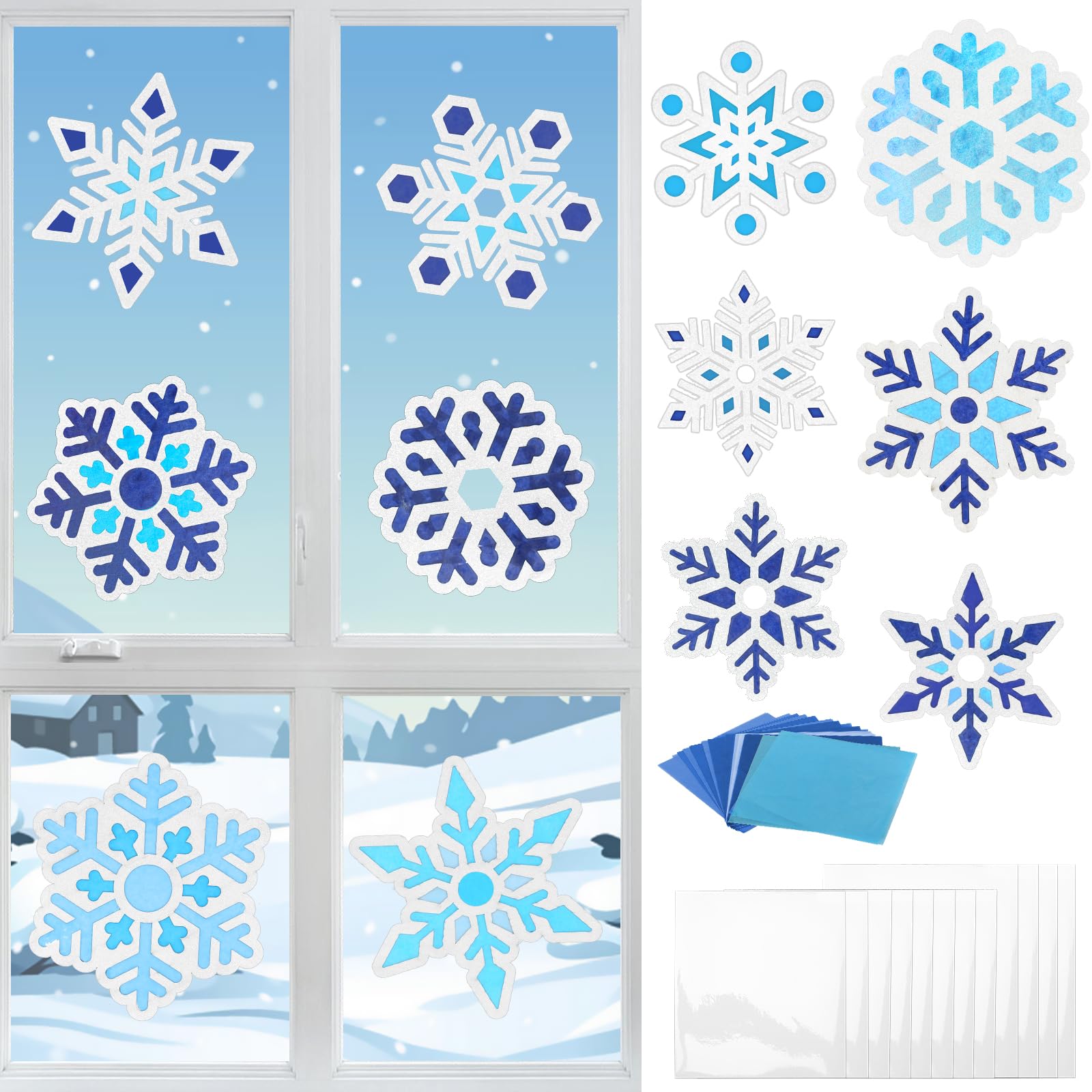 MONCAP 12Pcs Snowflake Stained Glass Decoration Christmas Art and Craft Kits for Kids Winter Themed Snowflake Papercraft Window Classroom Xmas Party Decor