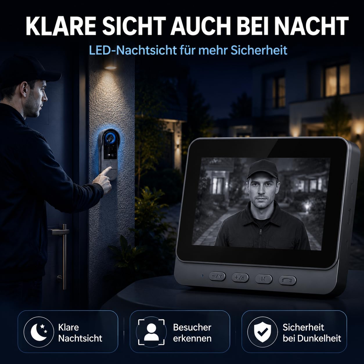TKMARS Video Türklingel Kabellos Videotürklingel mit Monitor 170°Türklingel mit Kamera Unterstützt Bidirektionale Kommunikation und Automatische Erfassung