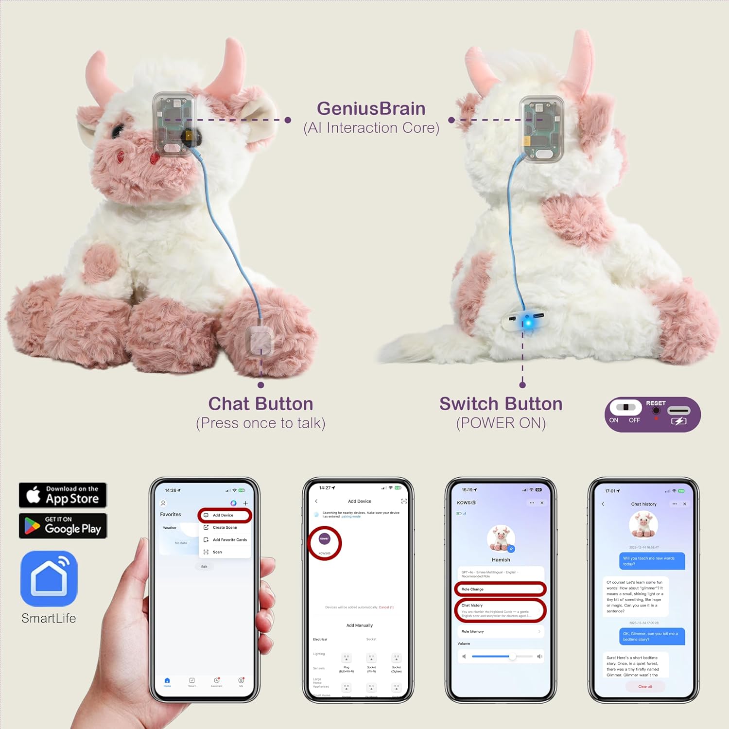 KOWSI® AI Interactive Talking Highland Cow Plush – 1.4LB Microwavable Heatable Stuffed Animal with Tourmaline Lavender Heat Pad - 10" Educational STEM Toy to Language Learning Practice