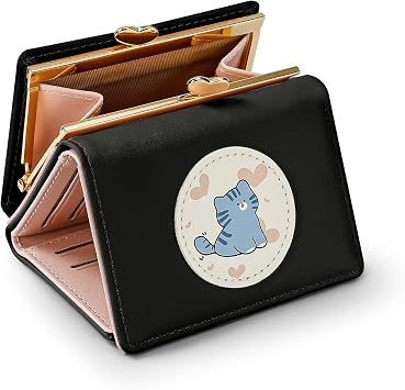 Wallet Women, Small Cute Cat Trifold Wallets Woman, Ladies Wallet with Heart Shaped Kiss-lock Coin Purse Pouch with ID Window for Card Cash Change Black