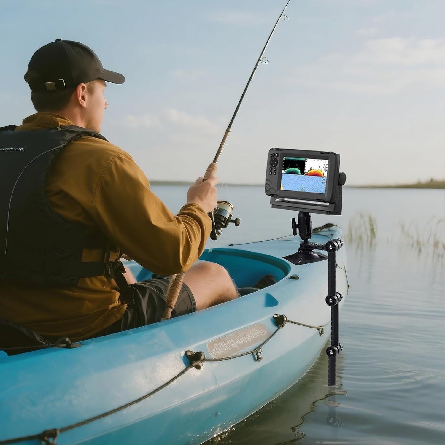 HITORHIKE Universal Fish Finder Mount for Kayak-with Transducer Arm Options,Ball Base,Dual Plates, Fits 9" Electronics,Compatible with Garmin/Lowrance/Humminbird(Rib Mount Pro Set with Arms)