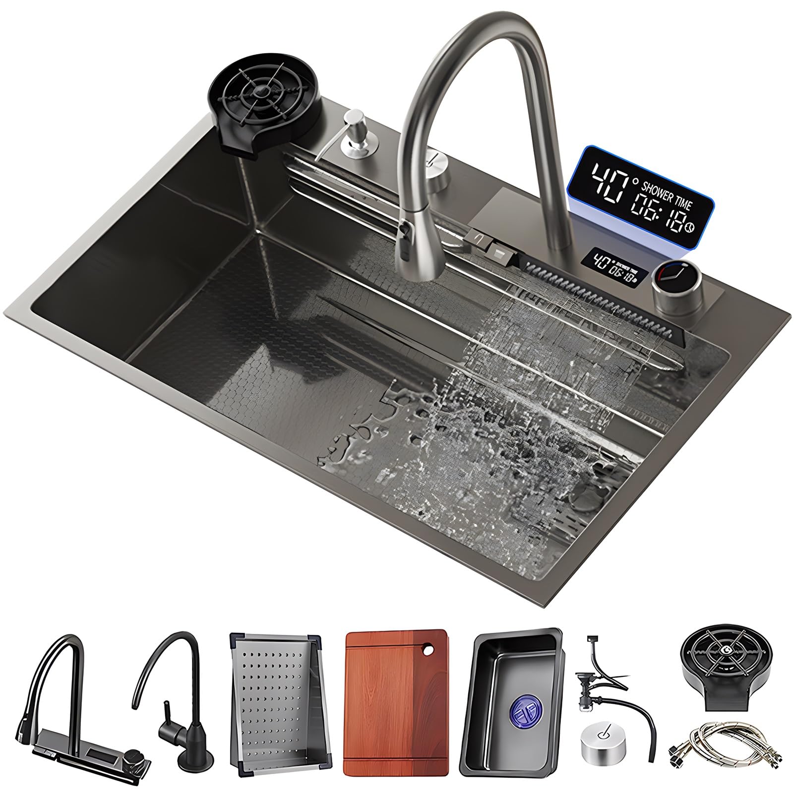 Évier de cuisine multifonctions style cascade grand bac nano