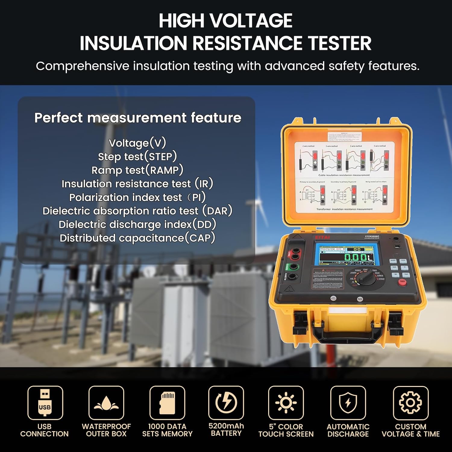EITAI3500 5kV High Voltage Insulation Resistance Tester Meter, 5.0TΩ, Short Circuit Current ≥5mA, Manufacturer Direct Sales, Megohmmeter, Touchscreen