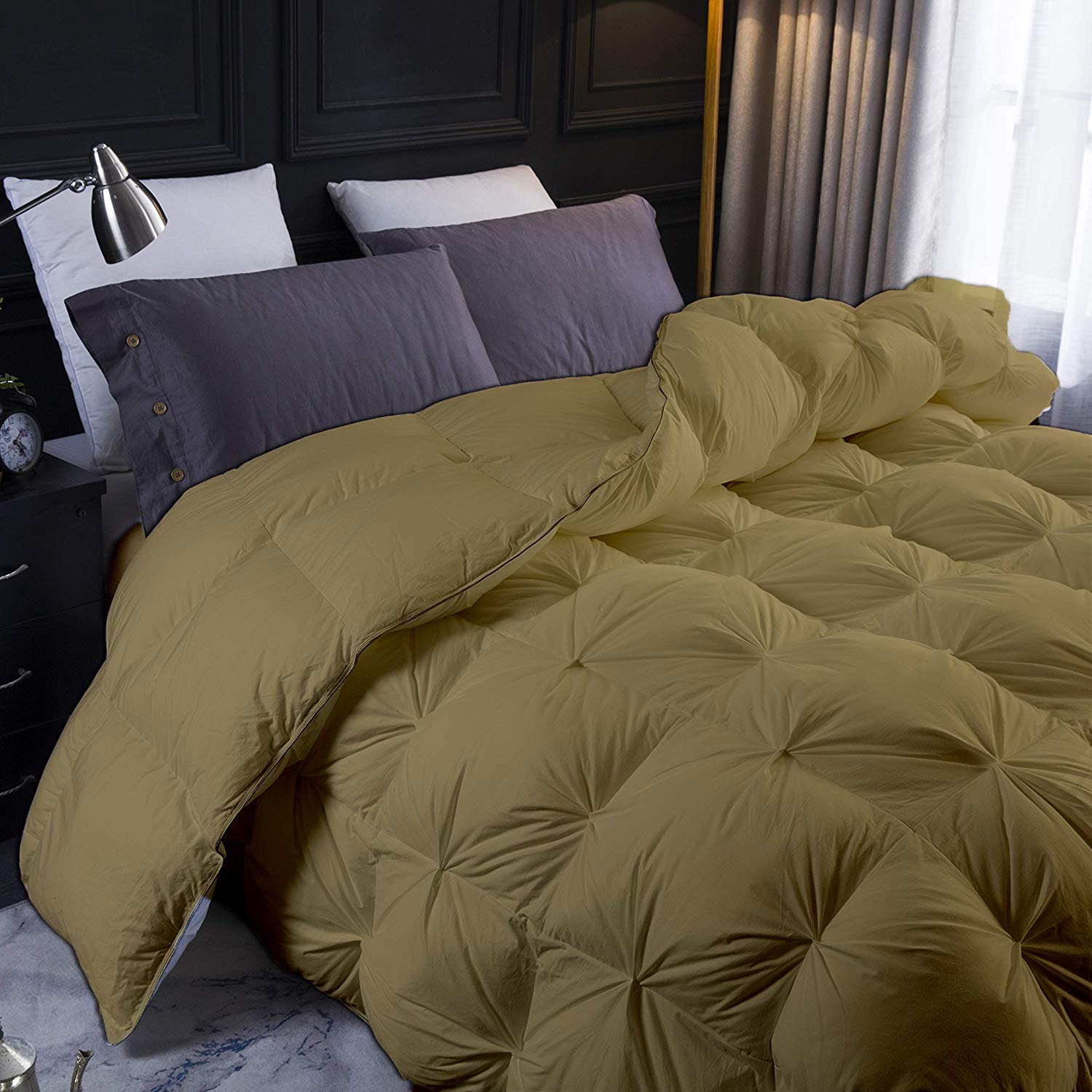 Toupe All Season Down Pintuck Comforter- Oversized Queen Size 98 x 98 Inches 1 pc Pinch Pleated Duvet, 550 GSM with Corner Tabs 100% Egyptian Cotton- Toupe Solid