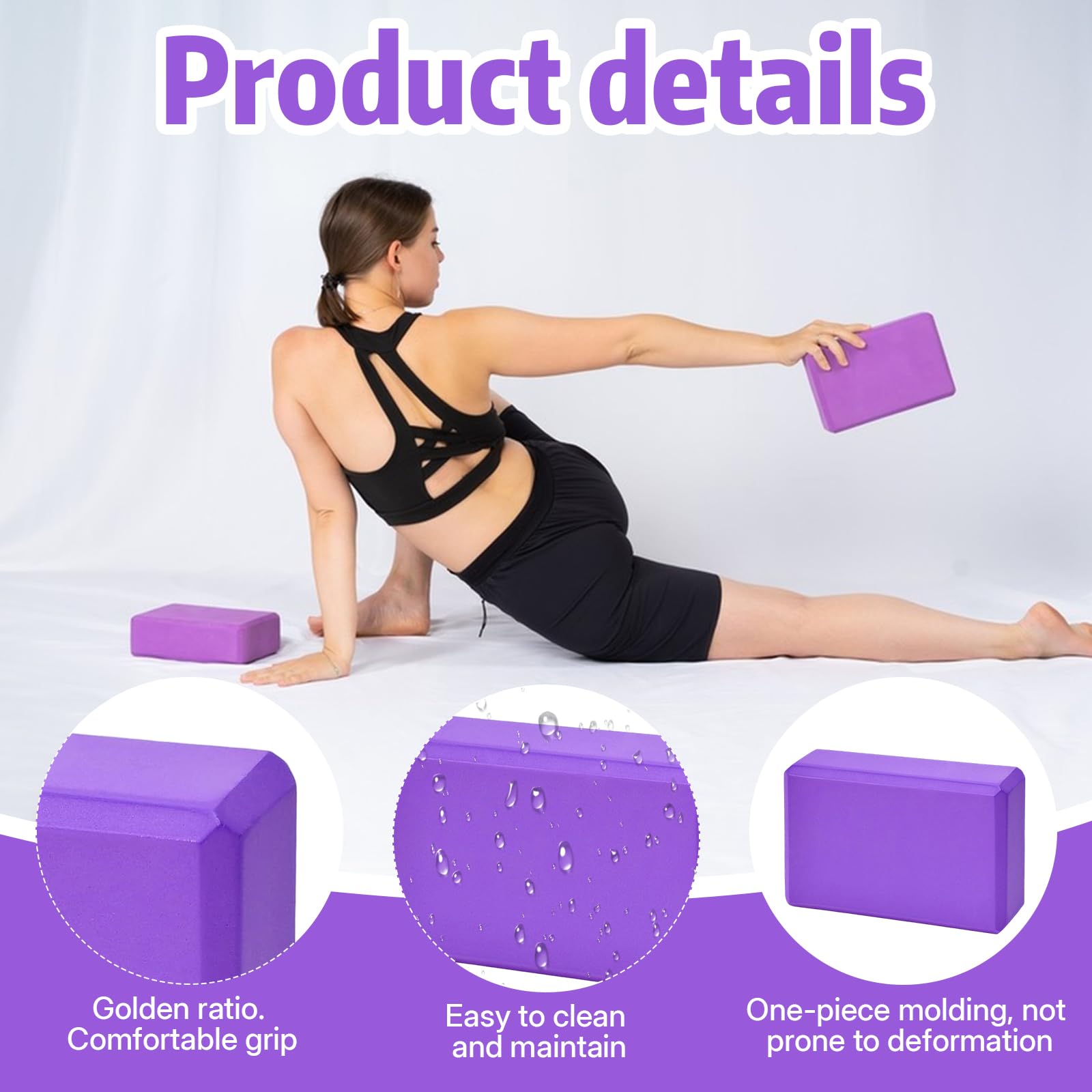 Lot de 2 Brique Yoga Avec Bandes de Fitness, Bloc Yoga Violets EVA | de haute densité bloc de mousse pour pilates étirement méditation accessoires de fitness