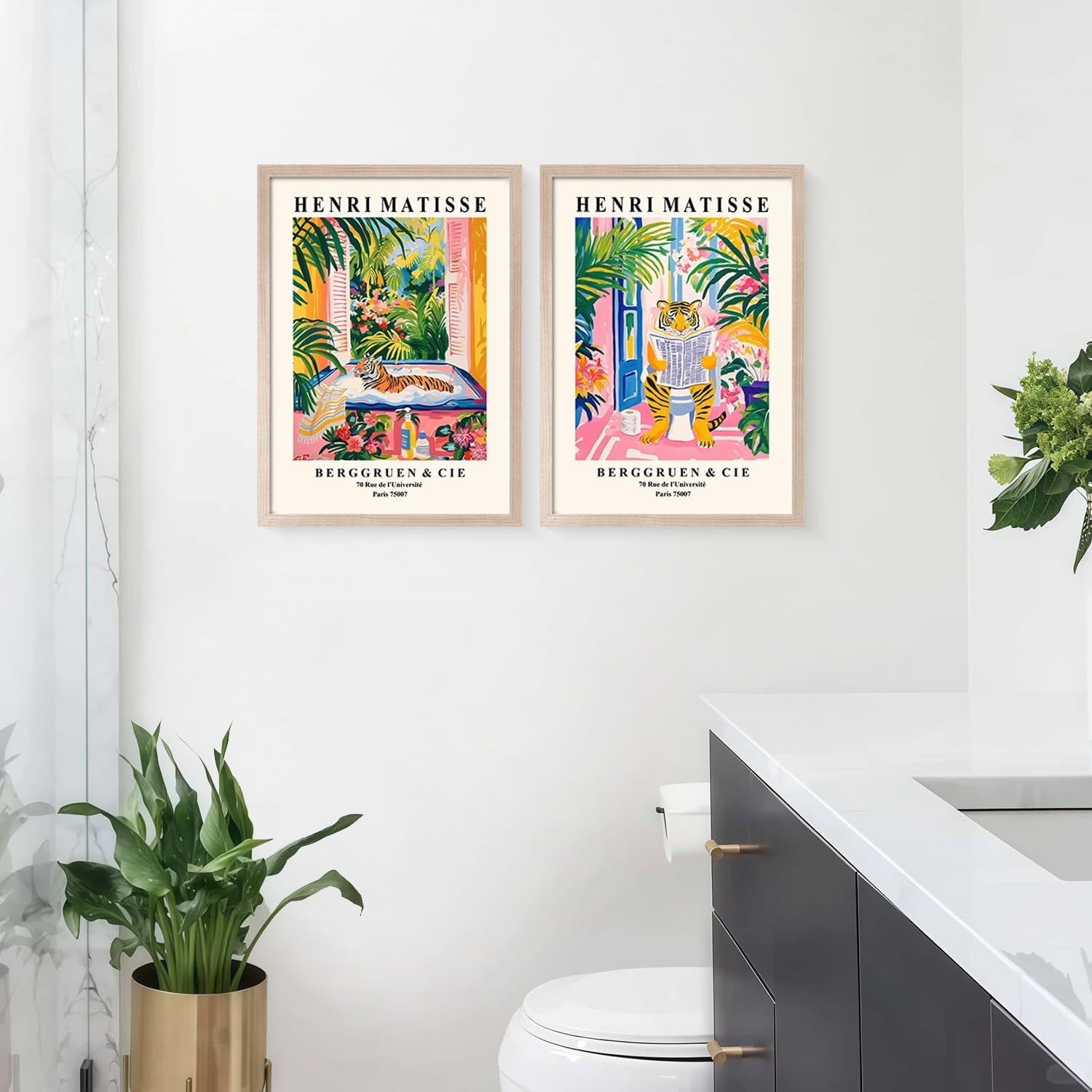 Framed Henri Matisse Tiger Wall Art Canvas Print Colorful Modern Painting Poster Funny Bathroom Poster Living Room Bedroom Gallery Home Wall Decor 16x24 Inch x2 Ready to Hang