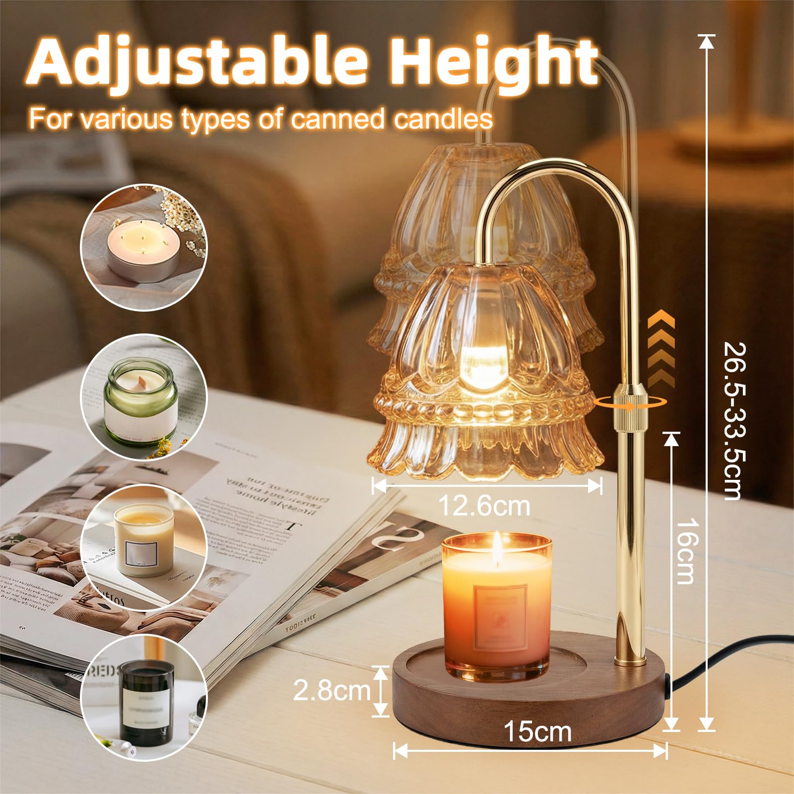 Lámpara Calentadora de Velas, Lámpara Calienta Velas con Temporizador y Atenuador, Candle Warmer Lamp Eléctrico con 2 Bombillas, Vela Lampara Perfumada Altura Ajustable para Hogar Decoración