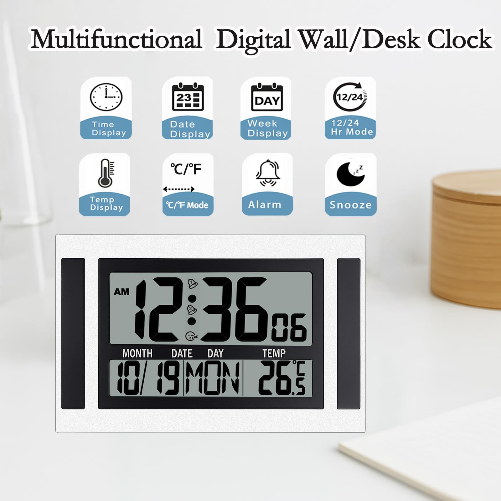 Orologio da parete digitale con grande display da 11,5 pollici, funzionamento a batteria con grandi numeri, orologio da scrivania con ora, data, temperatura, 2 allarmi con snooze, facile da usare per