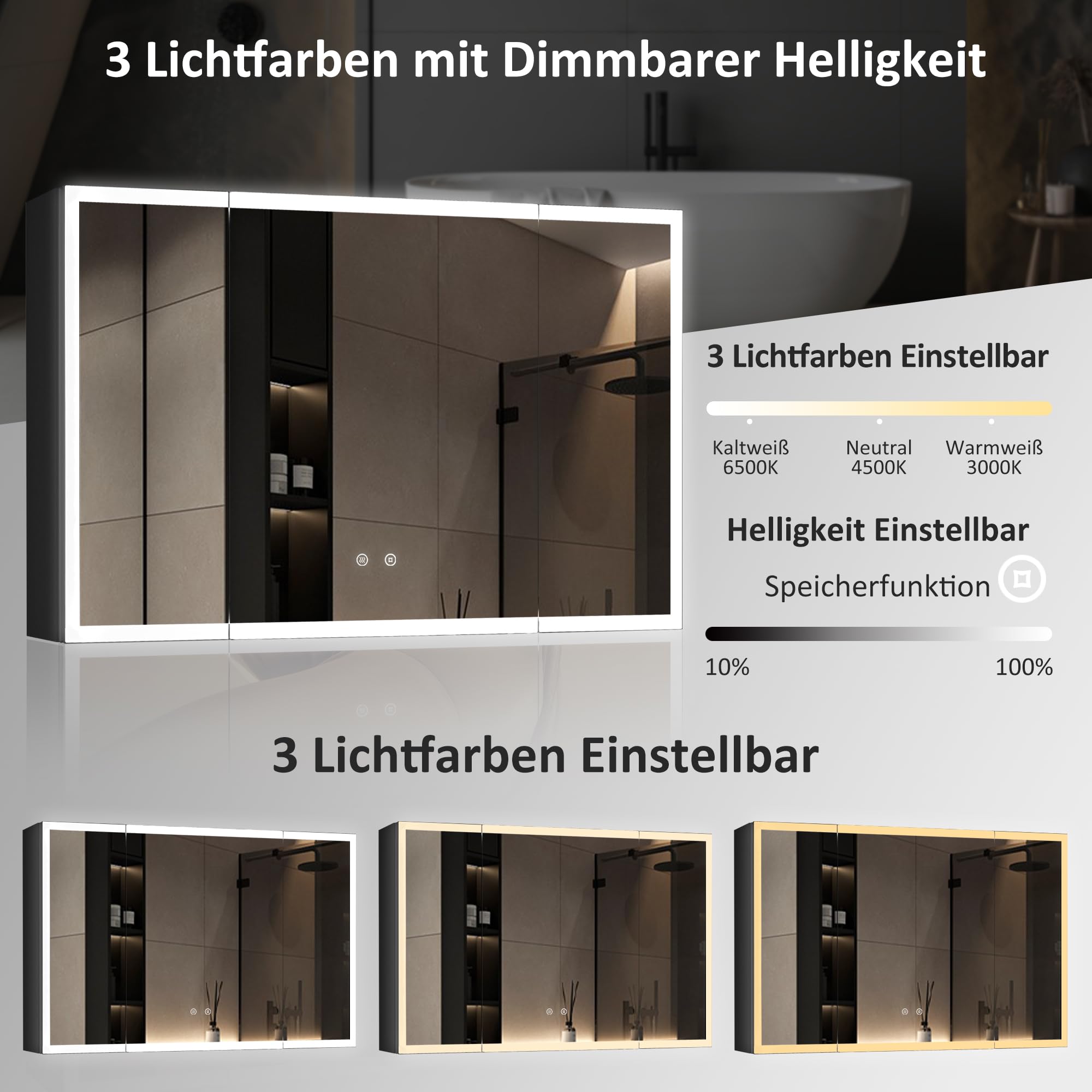 Boromal Großer Spiegelschrank Bad mit Beleuchtung 120 x 60 x 13,5 cm Schwarz Spiegelschrank mit Beleuchtung Metall LED Badezimmerschrank mit Dimmbar + Beschlagfrei + Stecker
