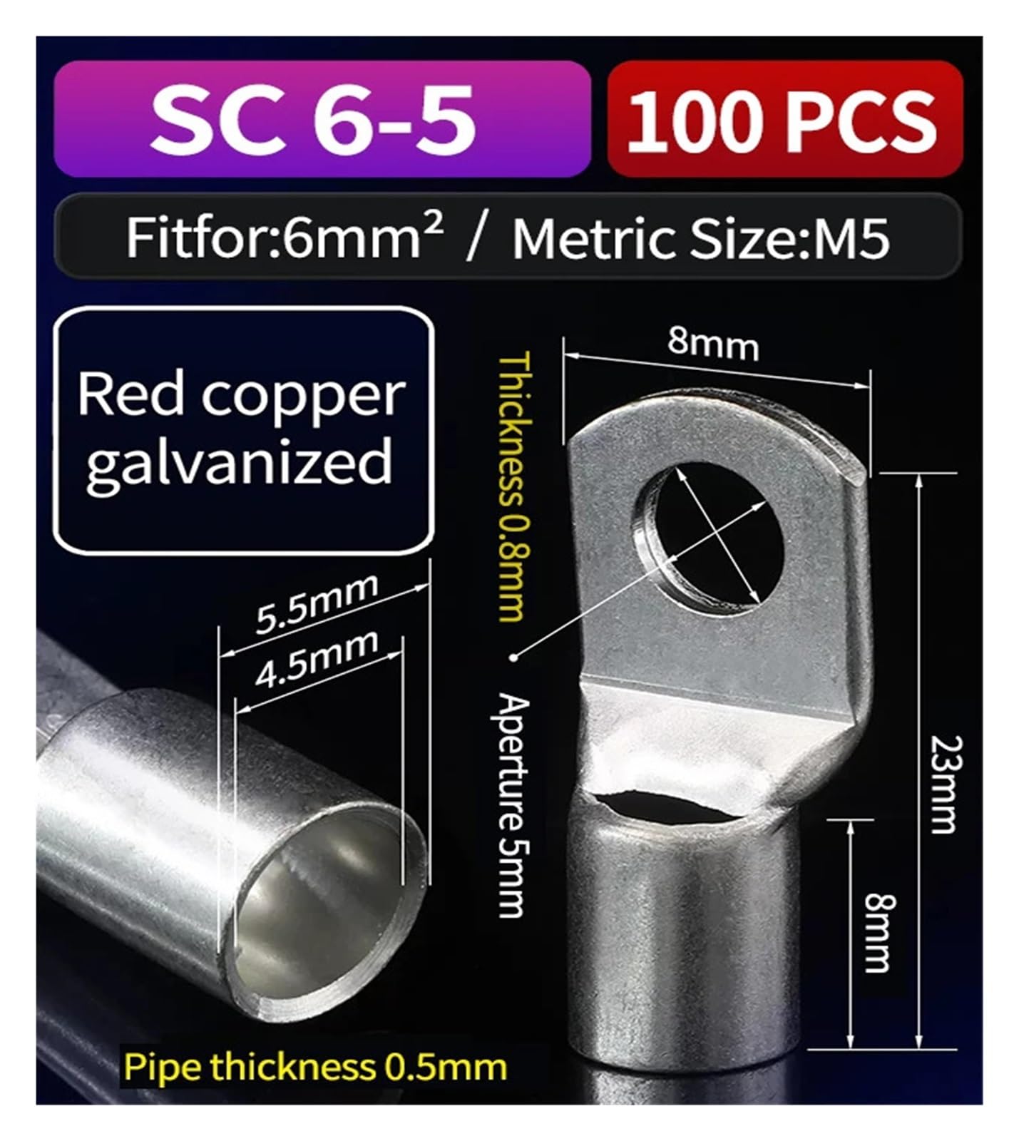 Conector de terminación anular, Terminal de crimpado de anillo de cobre aislado, serie SC, paquete de 100-2000 unidades(Sc16-6 100pcs,1 Lot(100 PCS))