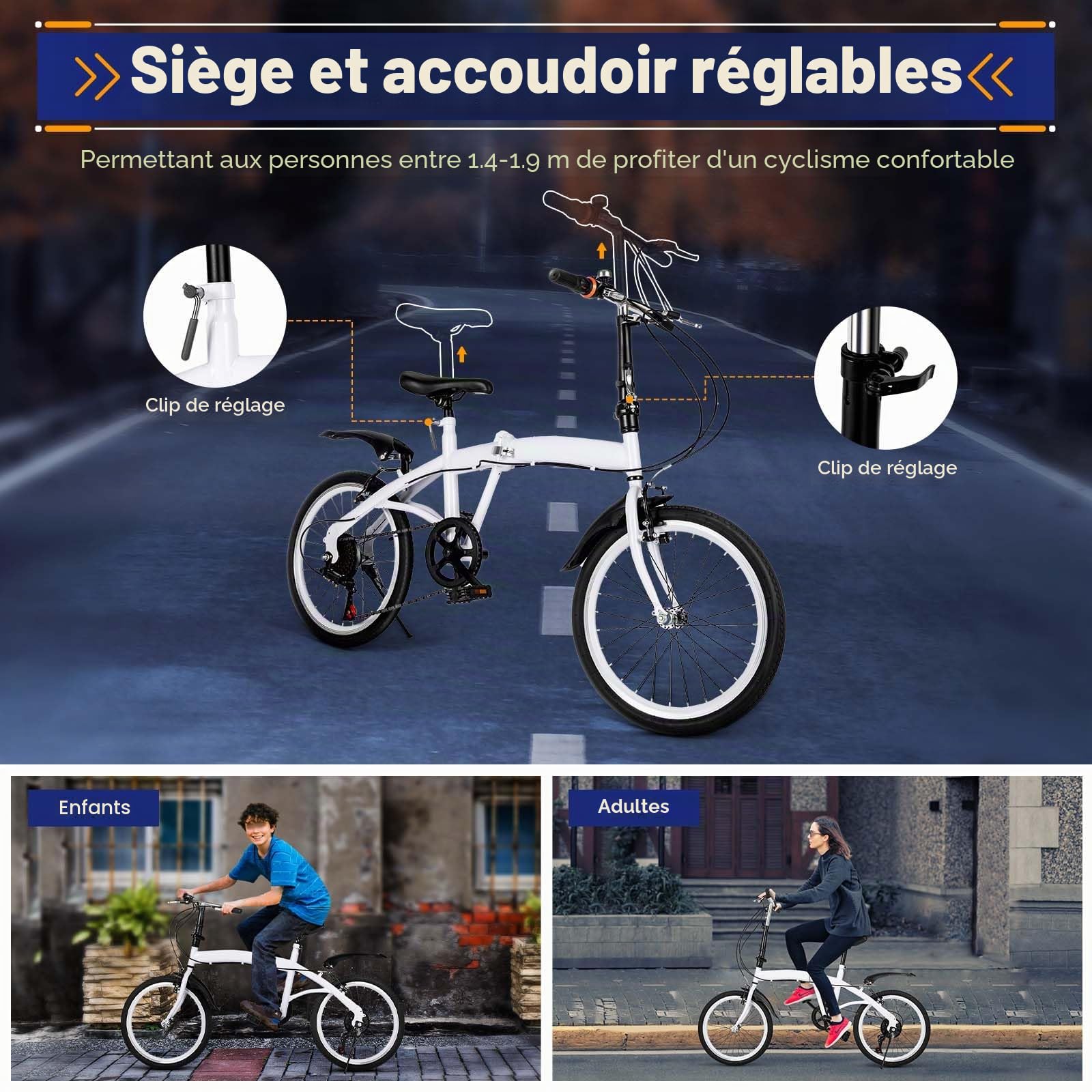 MccoMMon Vélo pliant 20 pouces pour adultes, 6 vitesses réglables, vélo de ville de camping, vélo pliant pour hommes et femmes, vélo de navette pour le plein air, blanc