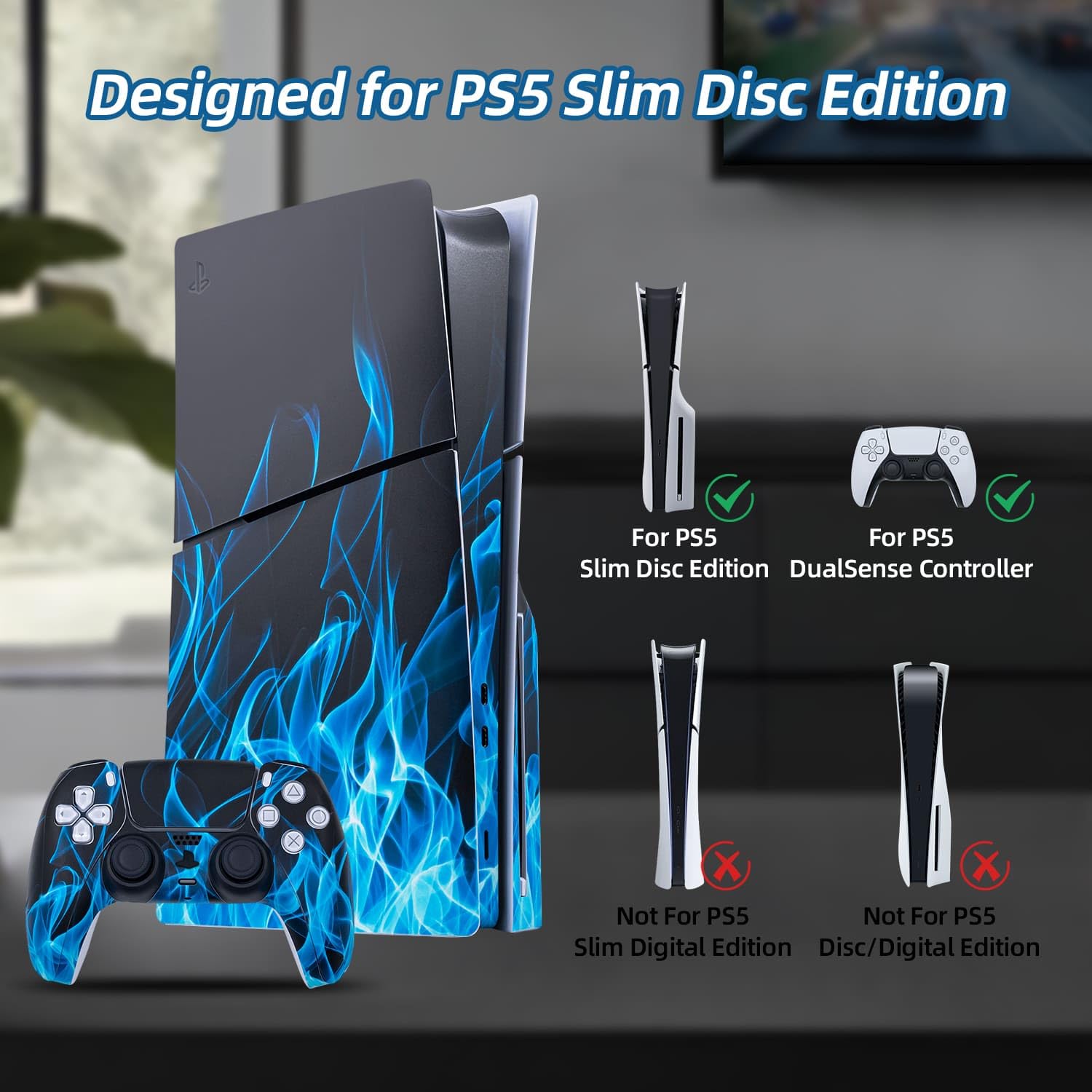 Mcbazel Autocollant antidérapant Autocollant en Vinyle Peau Couverture Plaques adhésives Autocollantes pour PS5 Slim Disc Edition-Blue Flame